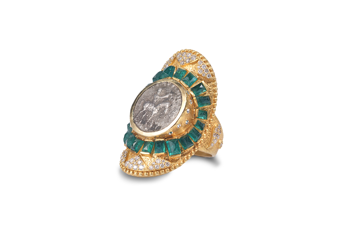  COOMI ring in 20k yellow gold with 2.51 carats of emeralds and diamonds surrounding an antique coin