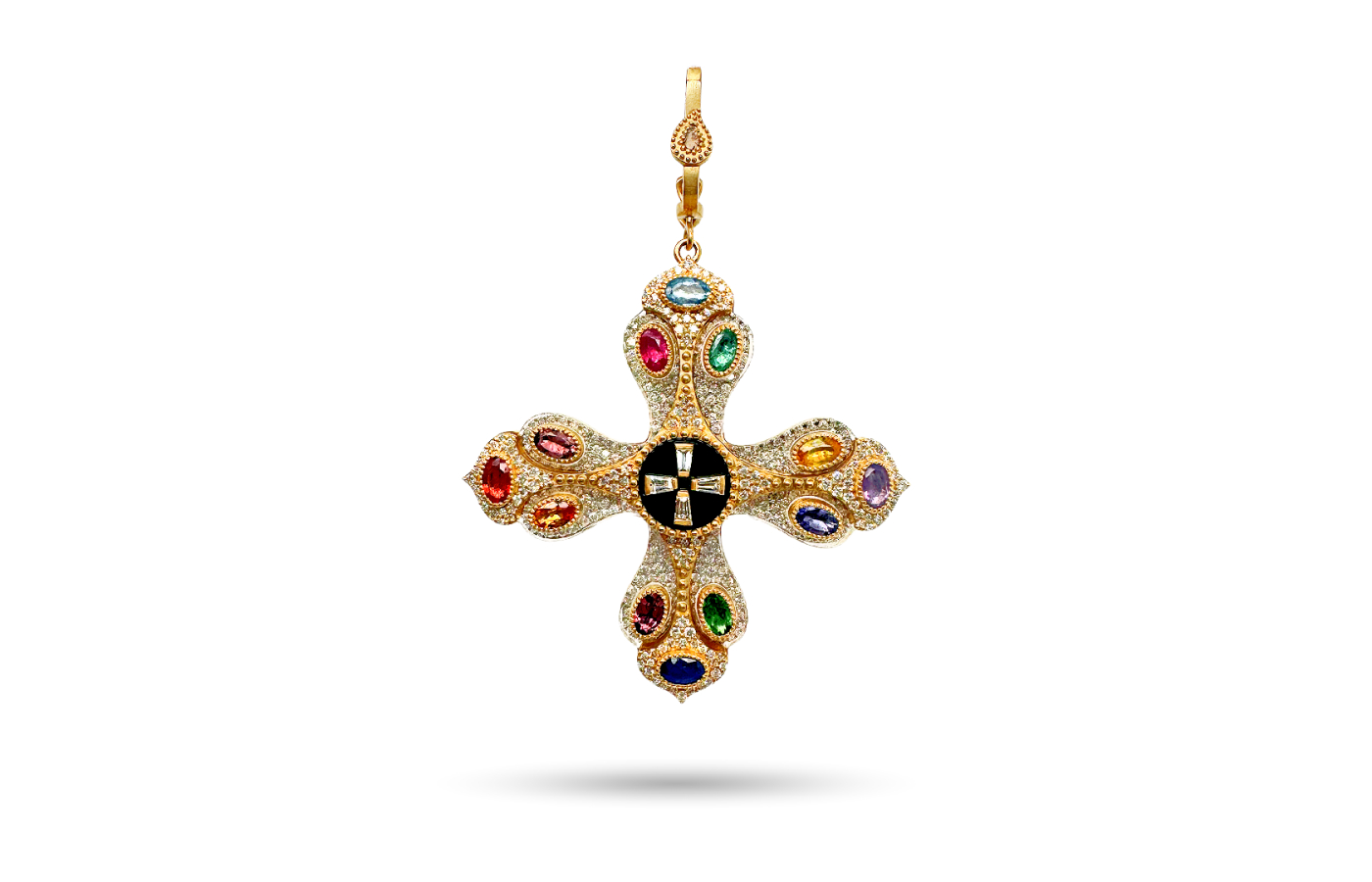  COOMI Trinetra pendant set in 20k yellow gold with 32.37 carats of rock crystal, 2.72 carats of diamonds and 4.20 carats of coloured gemstones, including aquamarine, ruby, sapphire, emerald, citrine, amethyst, peridot, iolite, pink tourmaline, garnet, opal and black spinel 