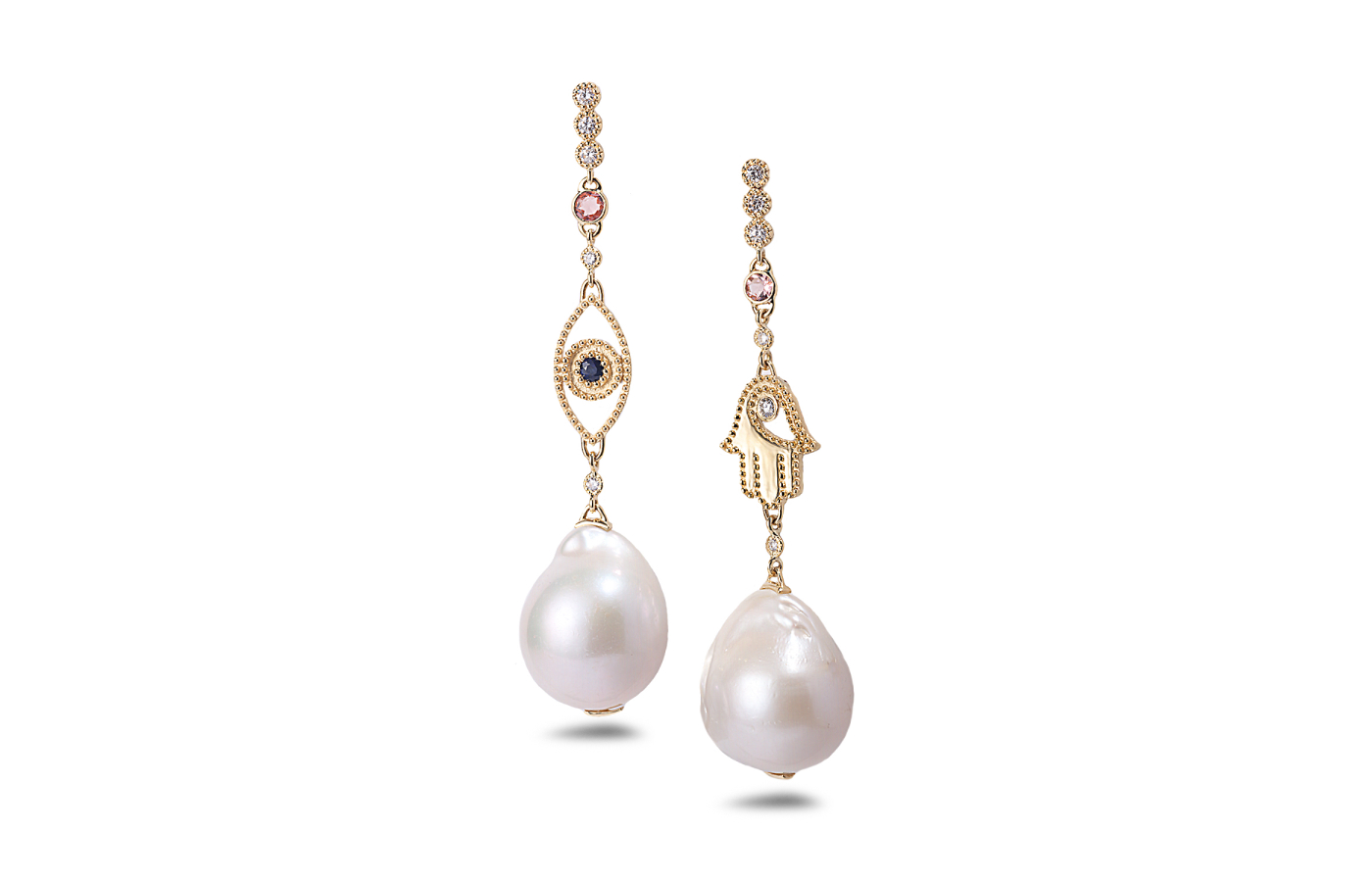  COOMI earrings in 18k yellow gold with 66.05 carats of white pearls, diamonds pink tourmalines and black spinels 