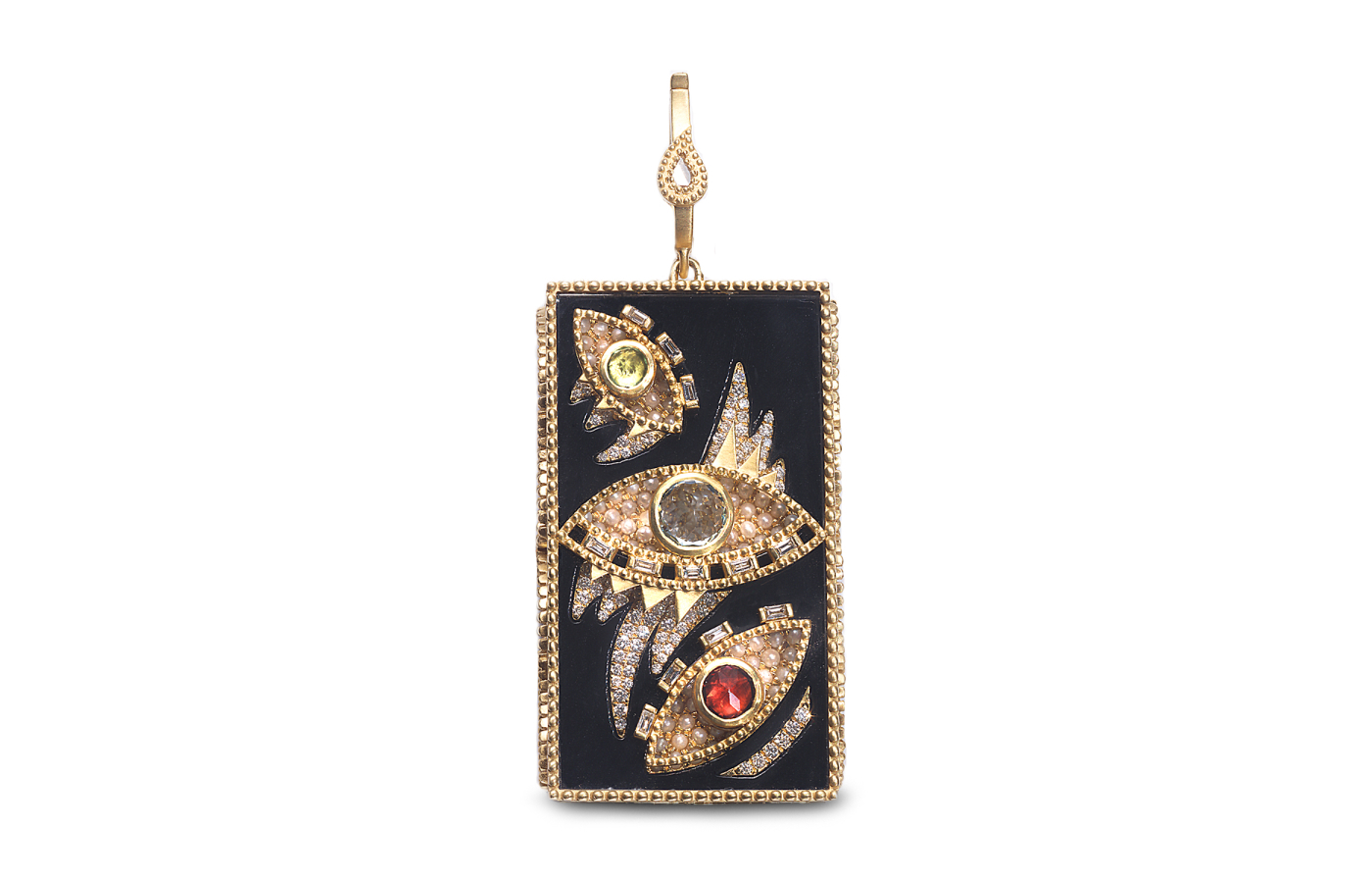 COOMI Evil Eye dog tag set in 20k yellow gold with 29.83 carats of black onyx, 35.91 carats of rock crystal, 2.35 carats of pearls, diamonds, peridot, pink tourmaline and aquamarine