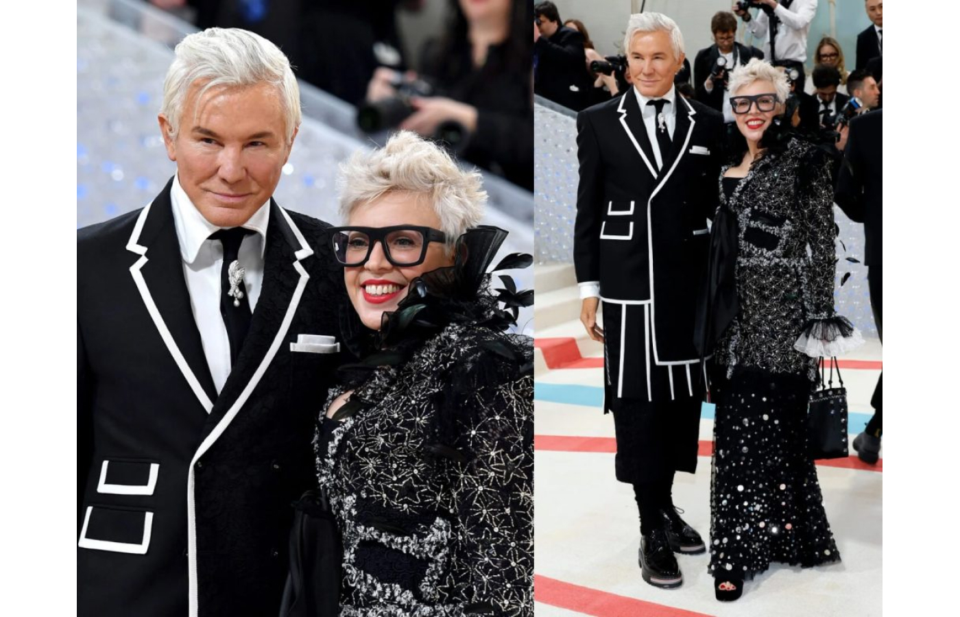  Film auteur Baz Luhrmann wearing Paspaley Night Bird Wild Feather clasp brooch in white gold, Australian South Sea pearl and diamond at the 2023 Met Gala