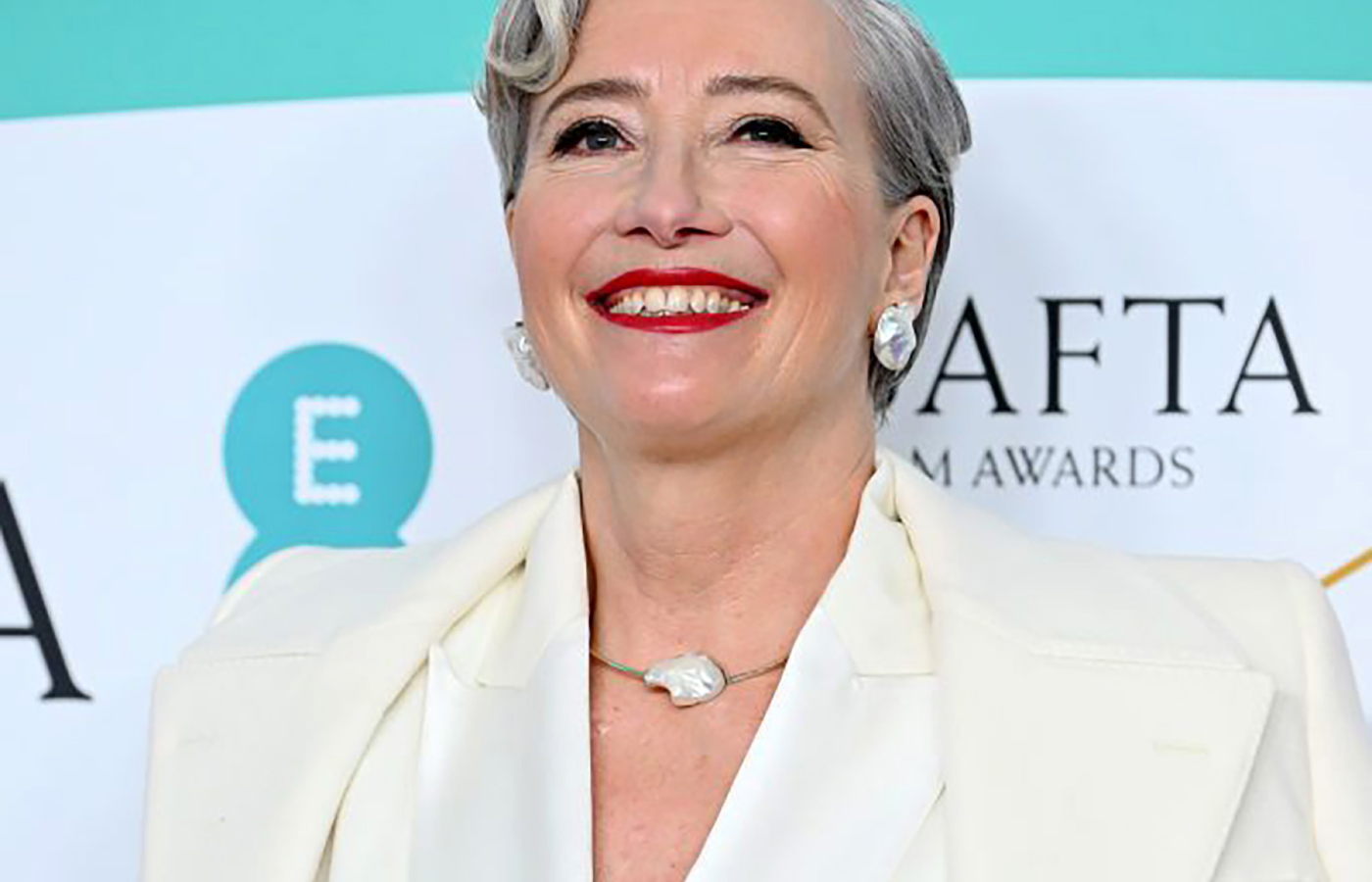  Emma Thompson wearing Melanie Georgacopoulos matching necklace, earrings and ring from the Baroque collection at the 2023 BAFTA Awards