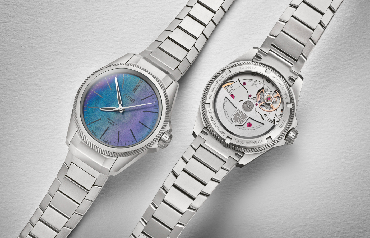 Oris ProPilot X Calibre 400 Laser watch with a light-reflecting lasered titanium dial