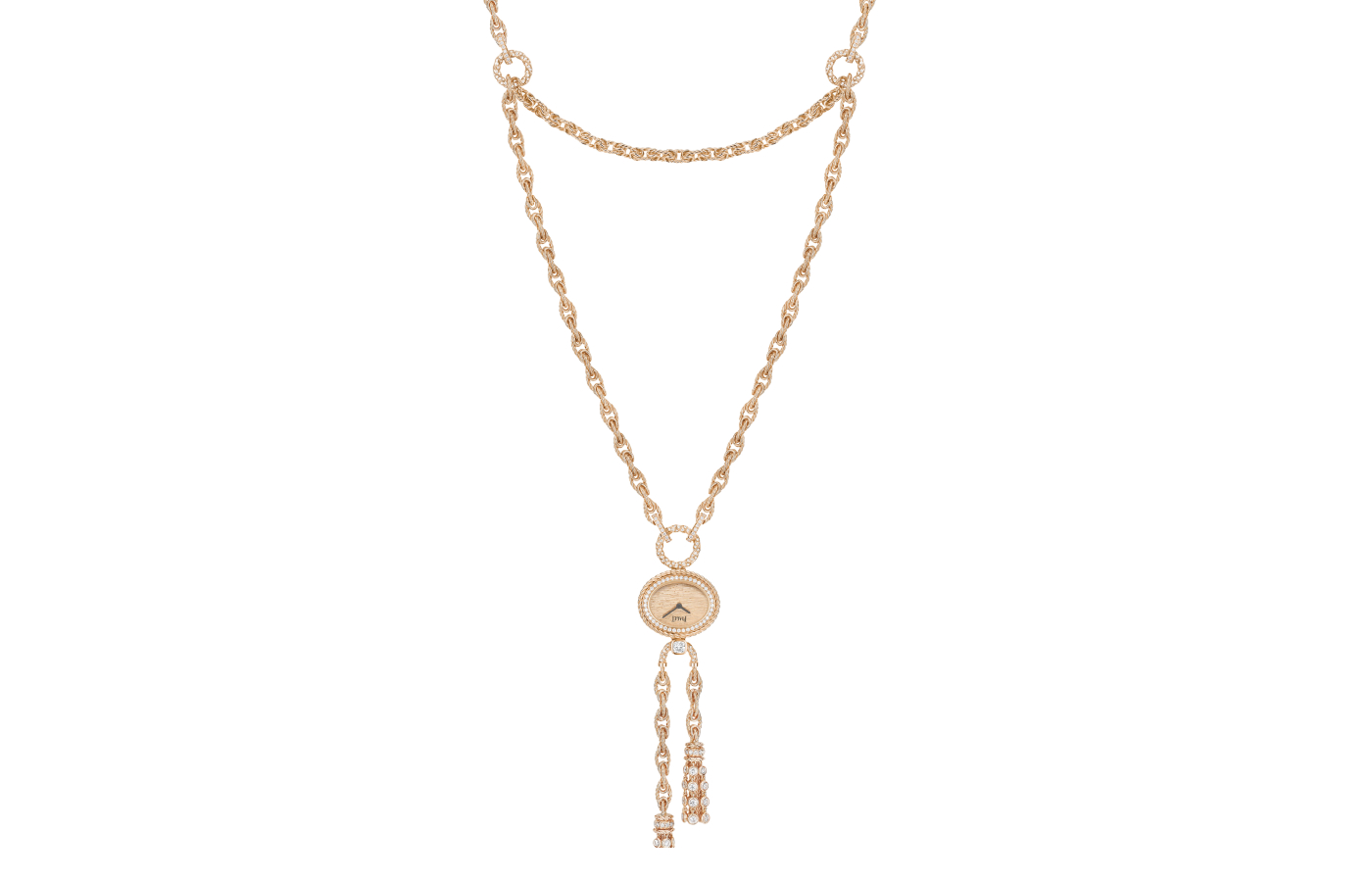  Piaget High Jewellery Sautoir watch with a dial hand-engraved with Décor Palace and diamonds in 18k rose gold