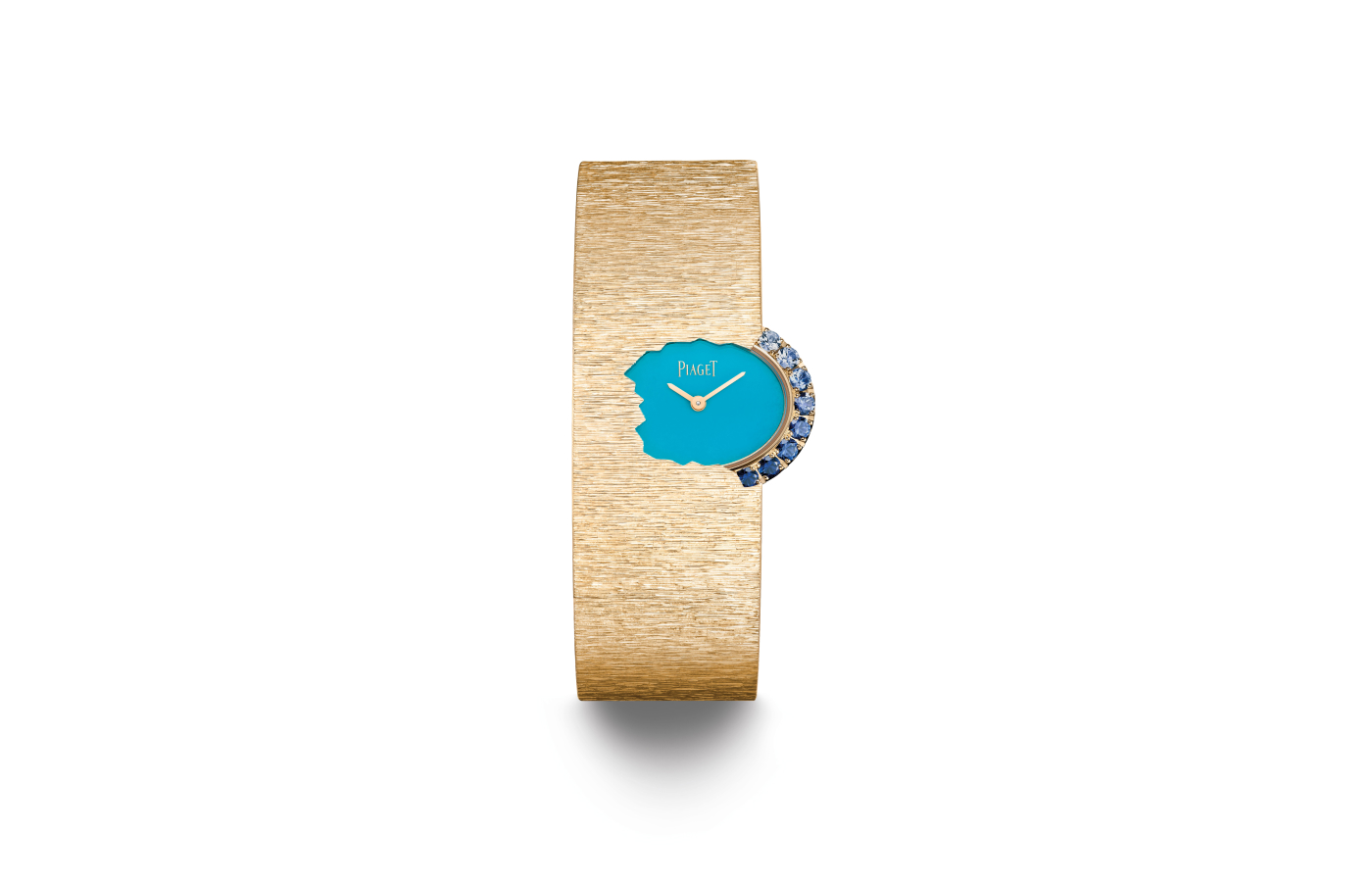 Piaget Limelight Gala High Jewellery cuff watch with a turquoise dial, sapphires and a hand-engraved bracelet with Décor Palace in 18k rose gold