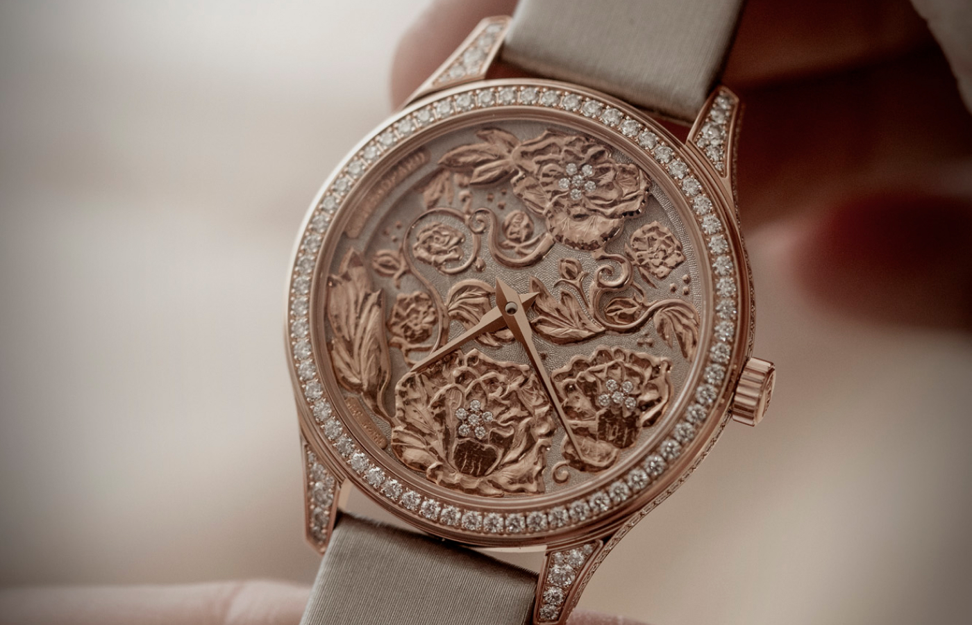 Chopard L.U.C XP Esprit de Fleurier Peony watch from The L.U.C collection with diamonds featuring a rose gold open worked dial with hand-crafted Fleurisanne engraving featuring a peony motif 