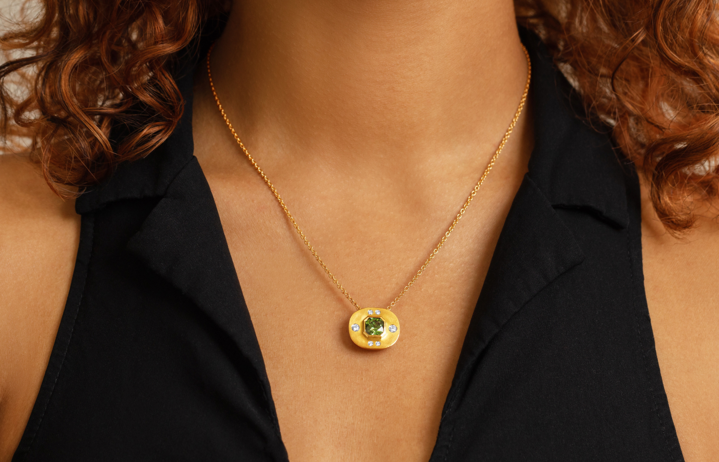 Florence Carr Shield necklace from the Tafari collection with a 2.2 carat demantoid garnet and diamond accents, set in 18k yellow gold 
