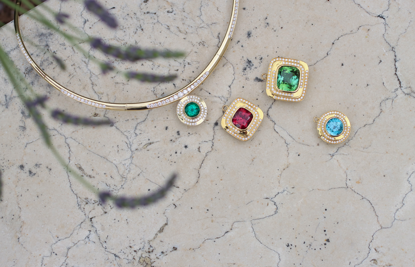  Florence Carr detachable Maze pendants featuring large coloured gemstones, including an emerald, rubellite, demantoid garnet and zircon, all set with diamonds in 18k yellow gold 