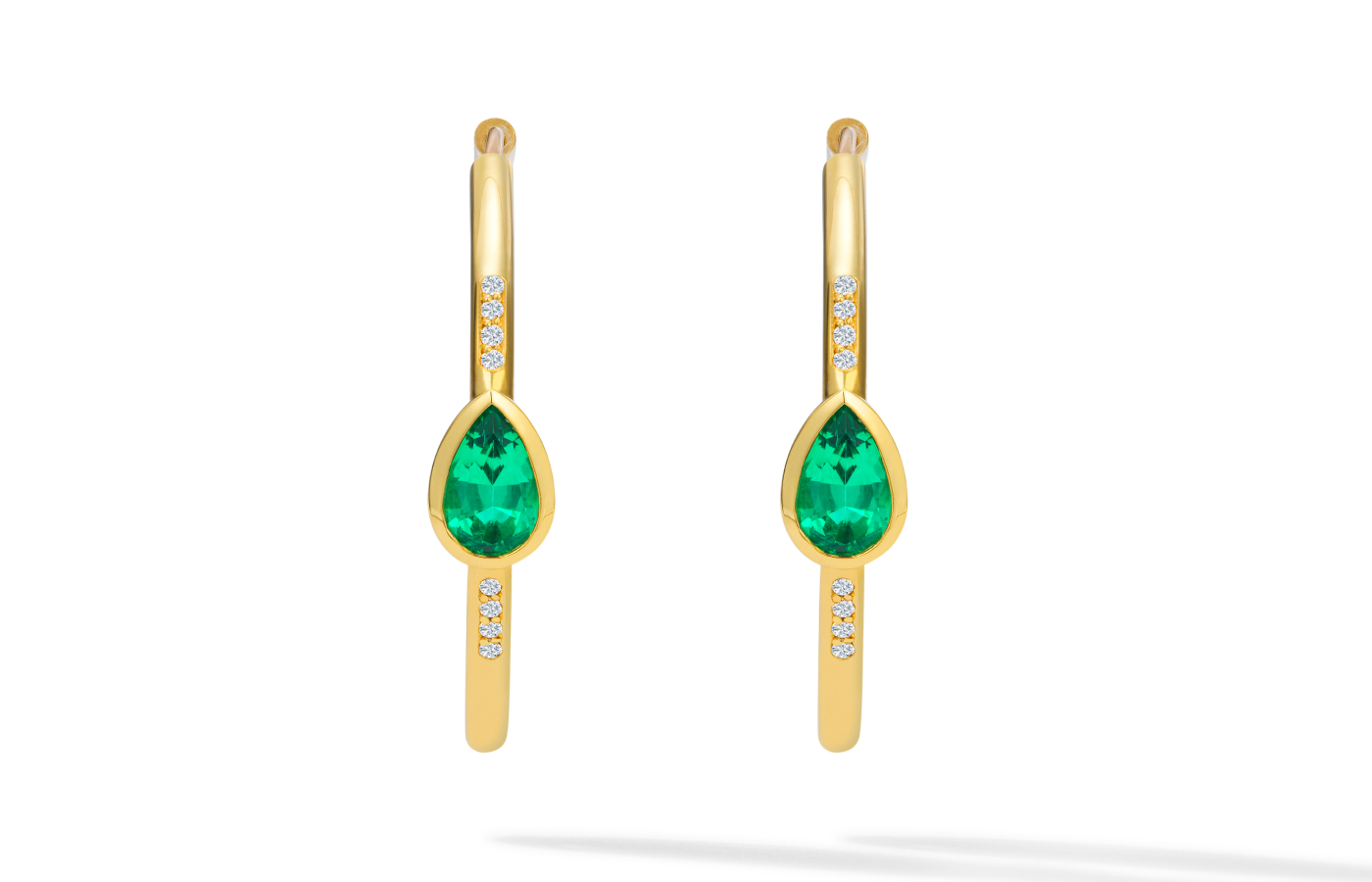  Florence Carr Rota collection hoop earrings with one carat of emeralds and diamonds set in 18k yellow gold 