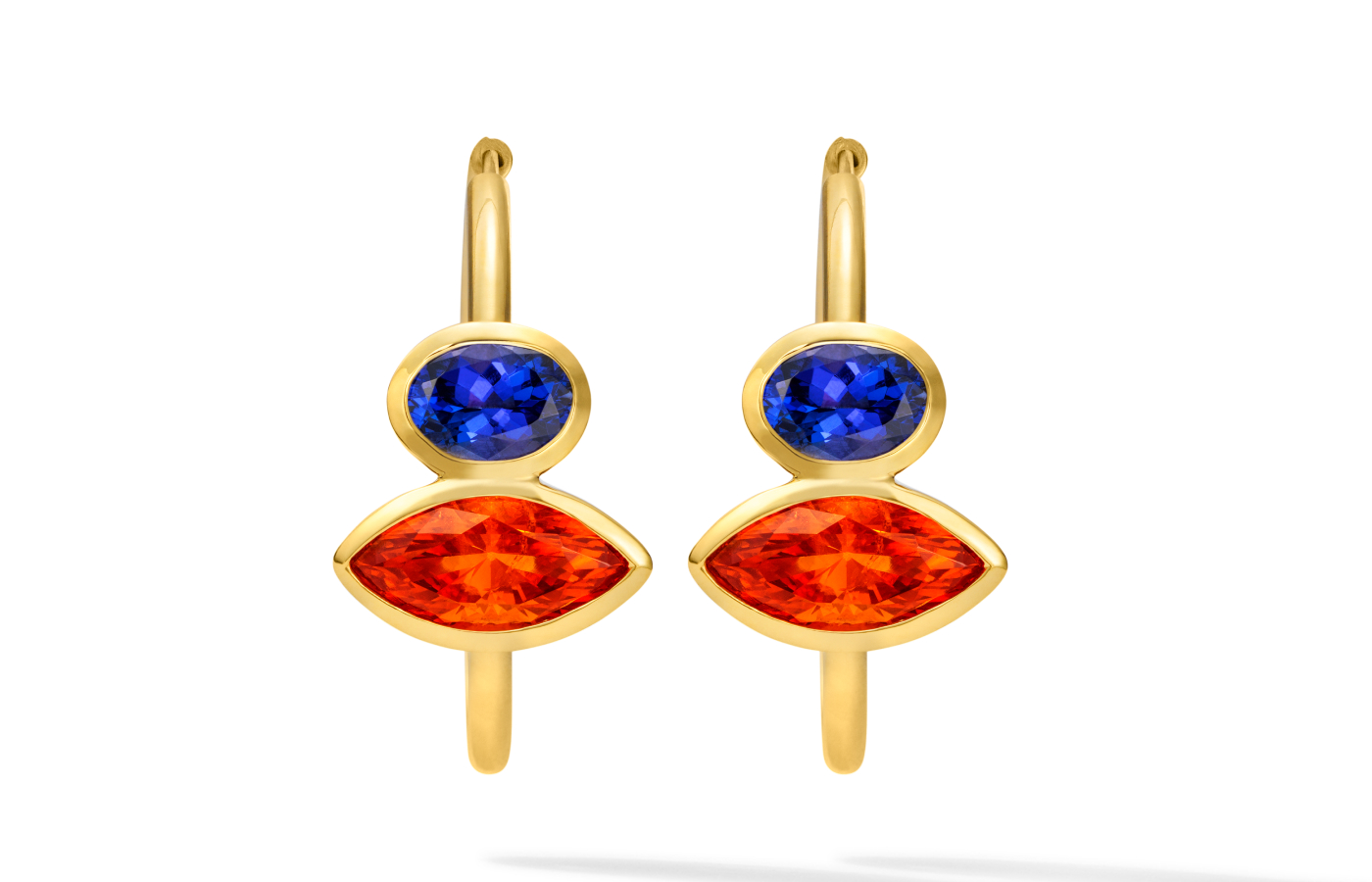  Florence Carr Rota collection hoop earrings with 5.22 carats of mandarin garnet and 2.37 carats of tanzanites, set in 18k yellow gold 