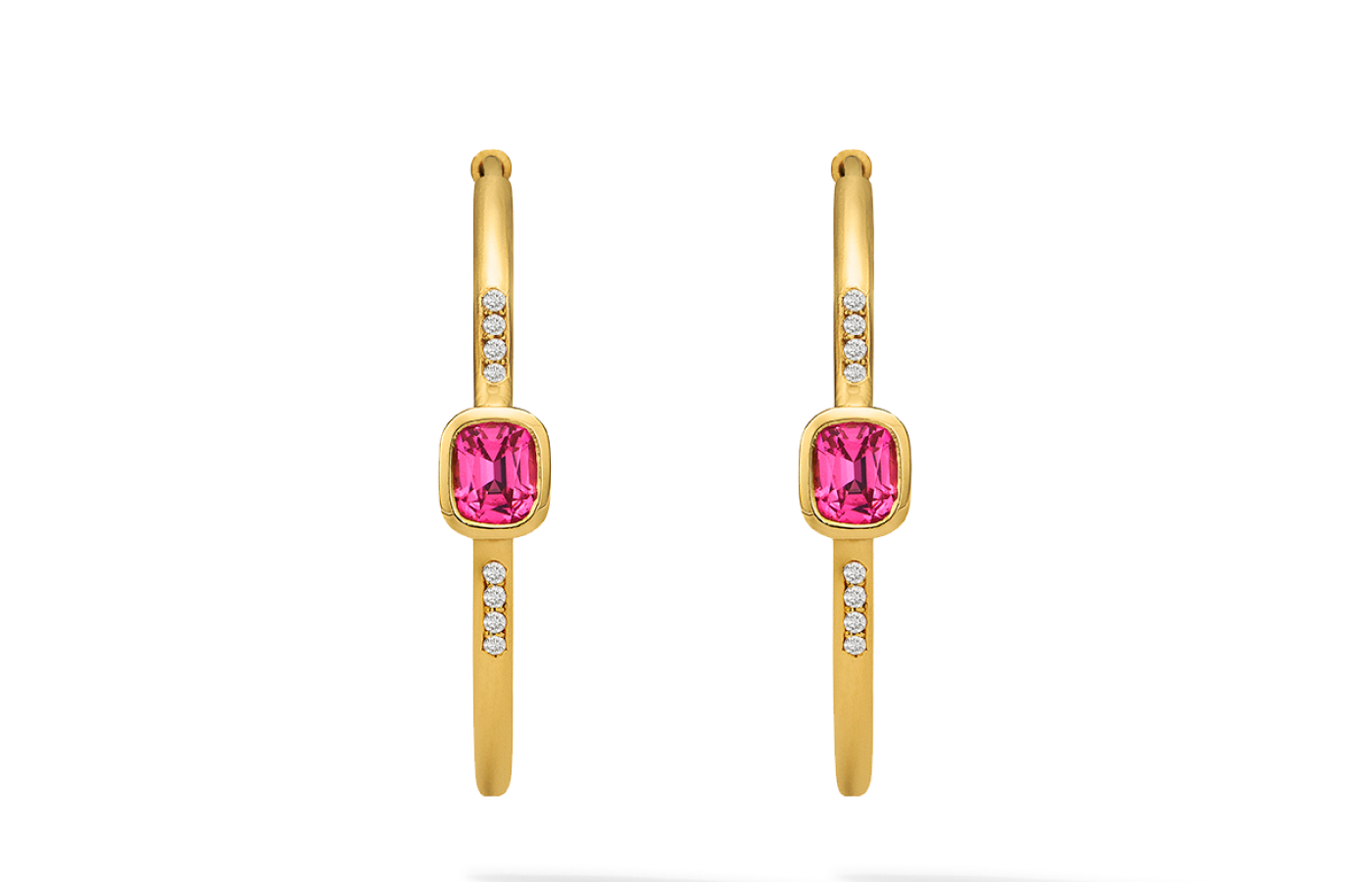  Florence Carr Rota collection hoop earrings with one carat of pink spinels and diamonds, set in 18k yellow gold 