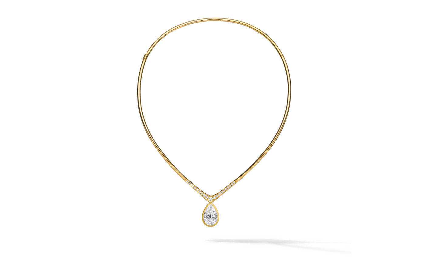  Florence Carr Diamond ‘V’ necklace from the High Jewellery collection with a detachable 3 carat pear-shaped diamond pendant, both in 18k yellow gold 