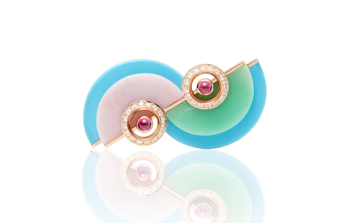  Kia Schwan DISC brooch with pink opal, turquoise and chrysophrase in 18k rose and white gold