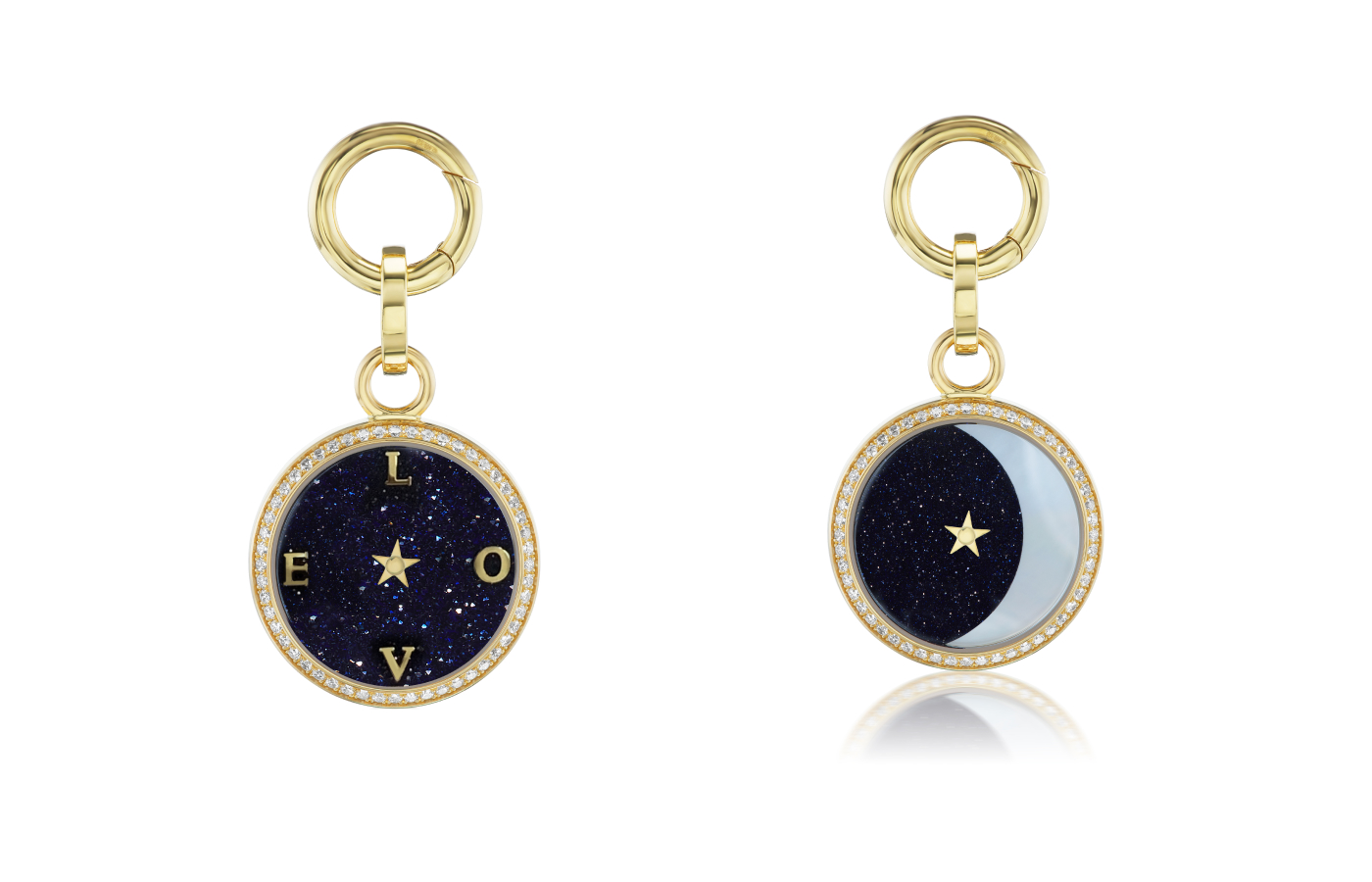 Anna Maccieri Rossi Carpe Diem Love pendant (left) and Look at the Moon pendant (right) with quartz watch movements, aventurine dials and diamonds, set in 18k yellow gold 