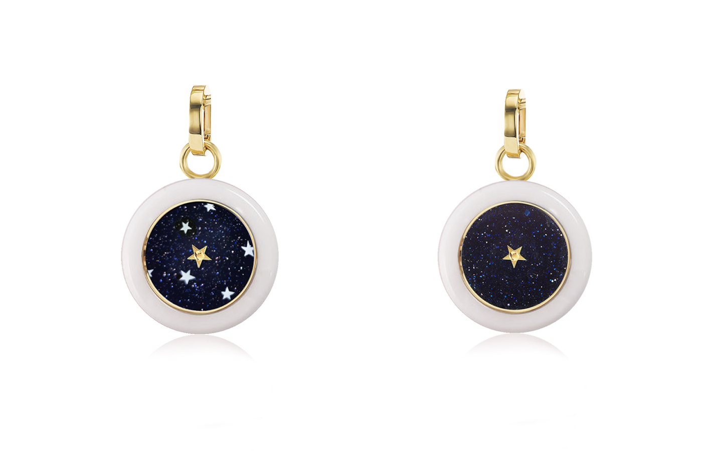  Anna Maccieri Rossi Carpe Diem Make a Wish ceramic pendant (left) and the Look at the Sky ceramic charm pendant (right) with quartz watch movements and aventurine glass in 18k yellow gold and golden titanium
