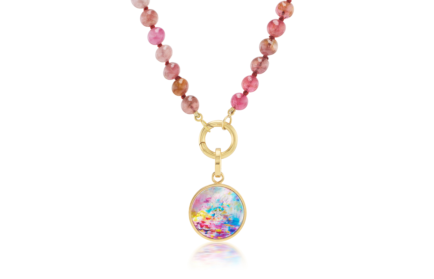  Anna Maccieri Rossi Art Colore Diamond charm pendant with hand-painted mother of pearl and a diamond accent, set in 18k yellow and white gold, on a gemstone beaded necklace