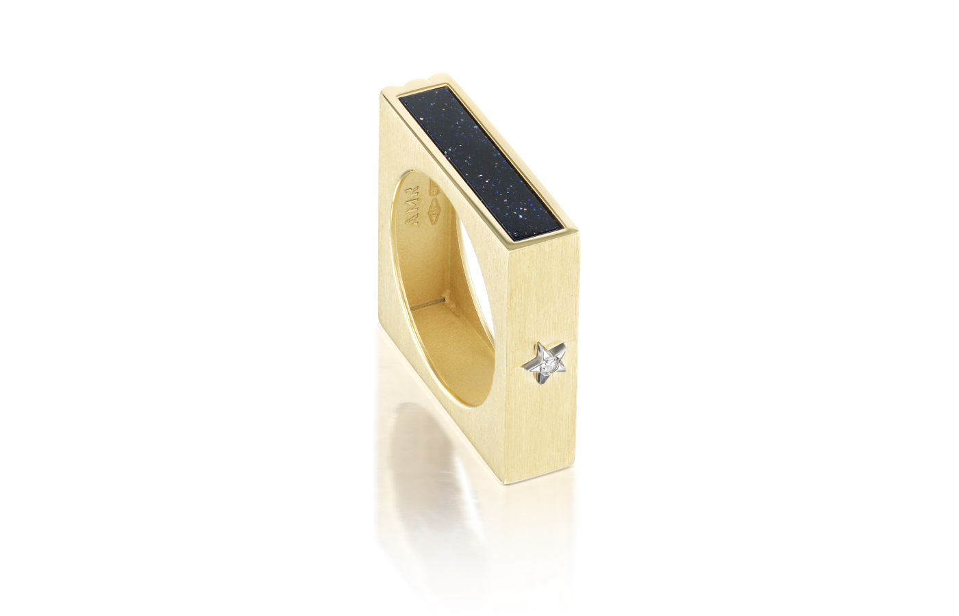  Anna Maccieri Rossi Night & Day Moon Loop ‘four faces’ ring with sides of aventurine glass, silk-finished gold, white mother of pearl and stripe textured gold, all in 18k yellow gold 