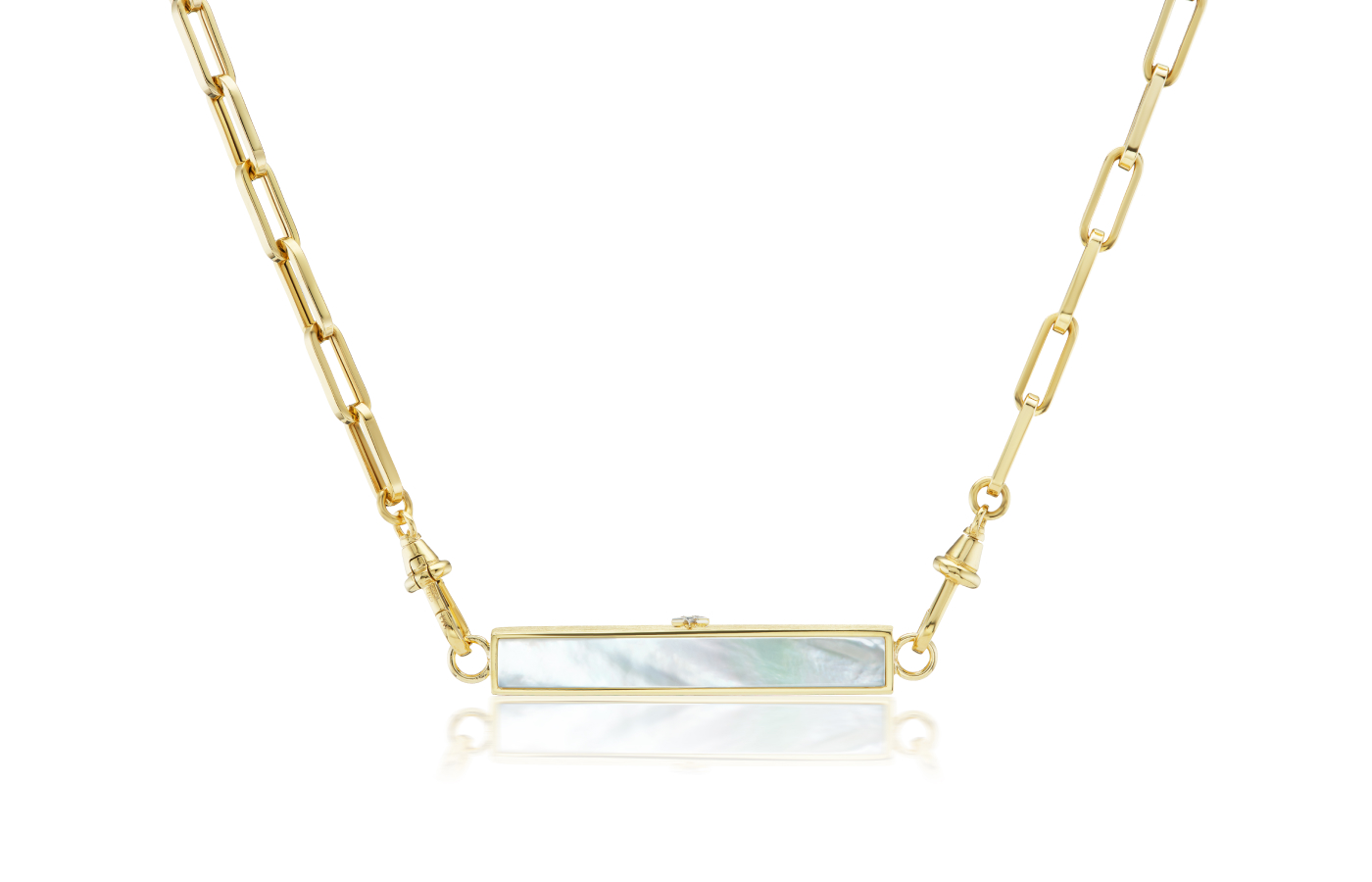  Anna Maccieri Rossi Night & Day Moon Loop ‘four faces’ necklace with sides of aventurine glass, silk-finished gold, white mother of pearl and stripe textured gold, all in 18k yellow gold 