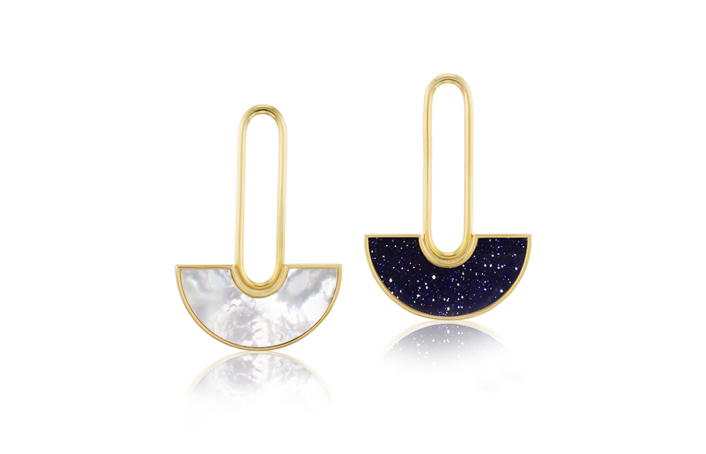  Anna Maccieri Rossi Night & Day Waking Moon earrings with half-moon-shaped aventurine glass and white mother of pearl, set in 18k yellow gold 