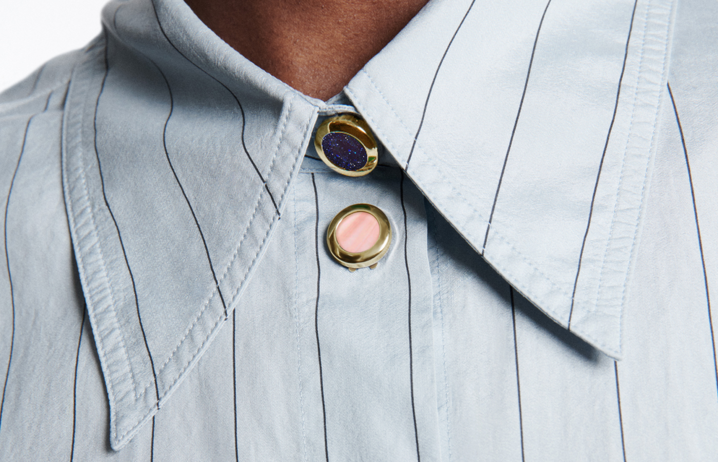 Anna Maccieri Rossi Buttoned Up button covers with aventurine glass and pink opal in 18k yellow gold 