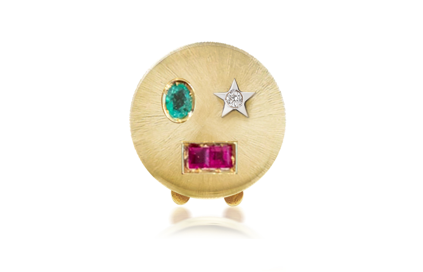  Anna Maccieri Rossi Magic Face button cover from the Buttoned Up collection, set with a diamond, oval-shaped emerald and two rubies in silk-finished 18k yellow gold 