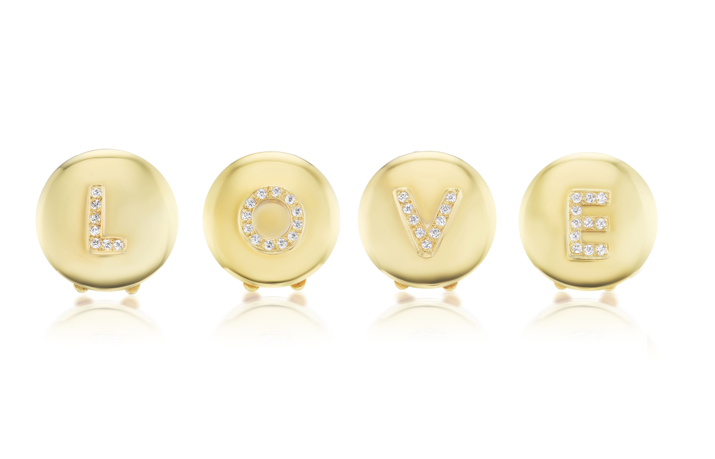  Anna Maccieri Rossi diamond-set initial button covers from the Buttoned Up collection, all in 18k yellow gold 
