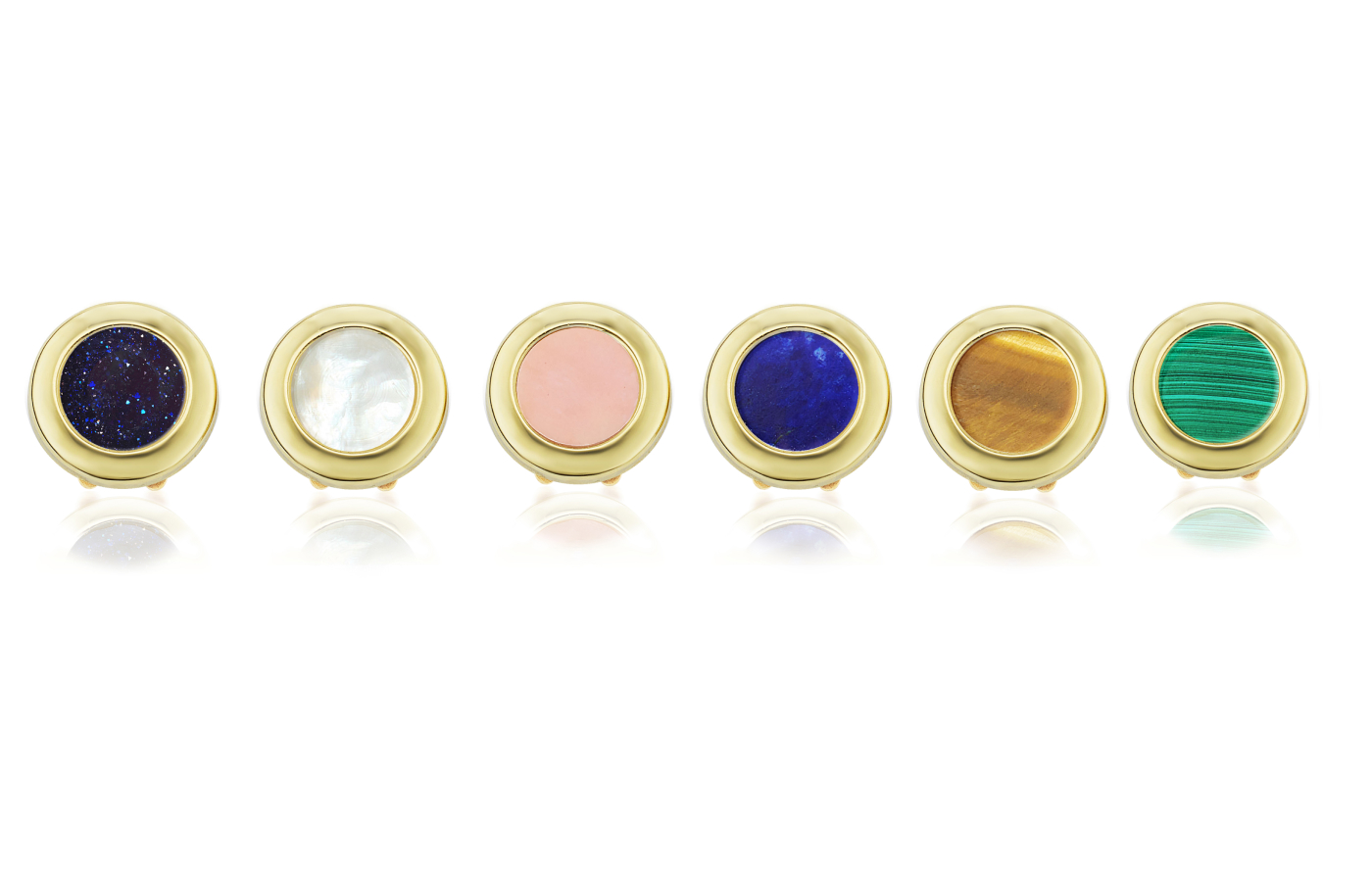  Anna Maccieri Rossi button covers from the Buttoned Up collection, set with aventurine glass, mother of pearl, pink opal, lapsi lazuli, tiger’s eye and malachite in 18k yellow gold 