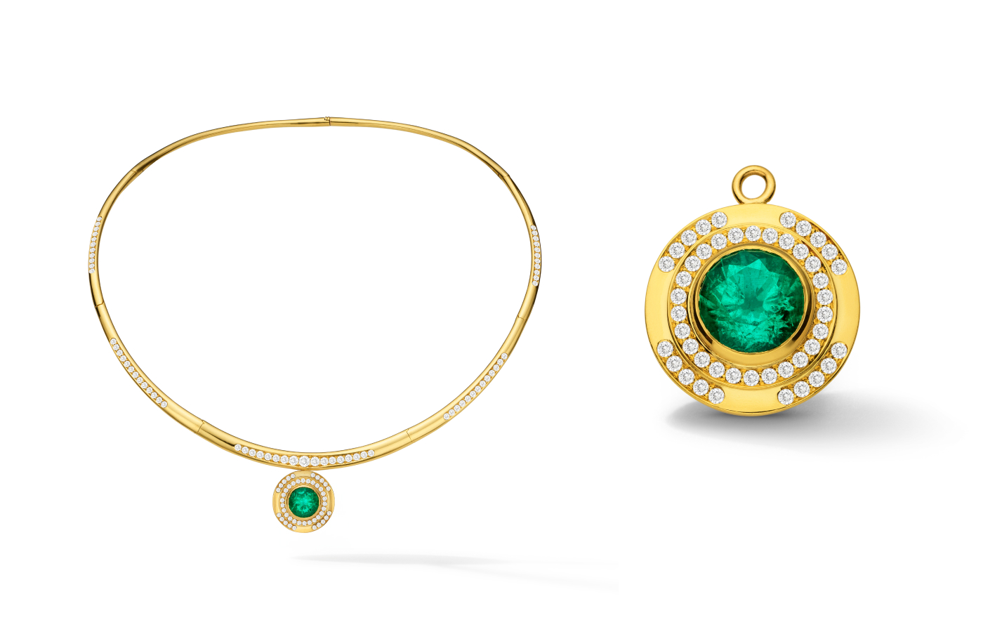 Florence Carr semi-flexible hinged torque necklace with 3.03 carats of diamonds in 18k yellow gold, alongside the detachable Maze pendant with a 4.2 carat emerald and diamond pavé, also in 18k yellow gold
