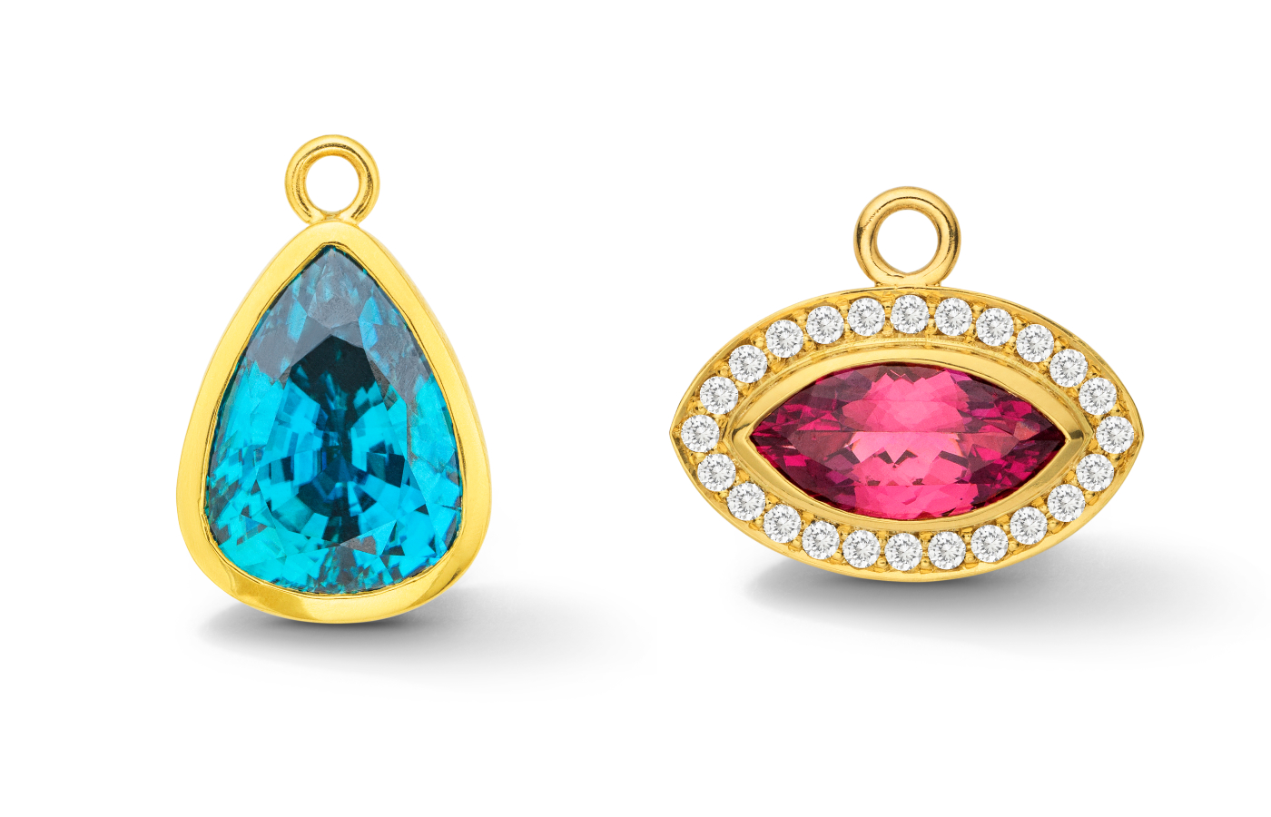  Florence Carr detachable pendants, including a bezel-set 18 carat, pear-shaped blue zircon and a Mahenge spinel of 2.55 carats with accent diamonds, both in 18k yellow gold 
