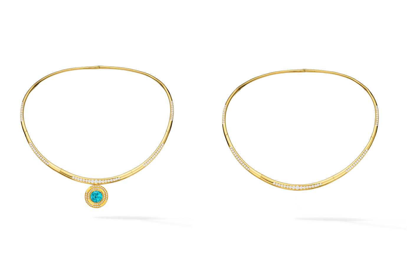  Florence Carr semi-flexible hinged torque necklace with 3.03 carats of diamonds in 18k yellow gold, alongside the detachable Maze pendant with a 13-carat blue zircon and diamond pavé, also in 18k yellow gold
