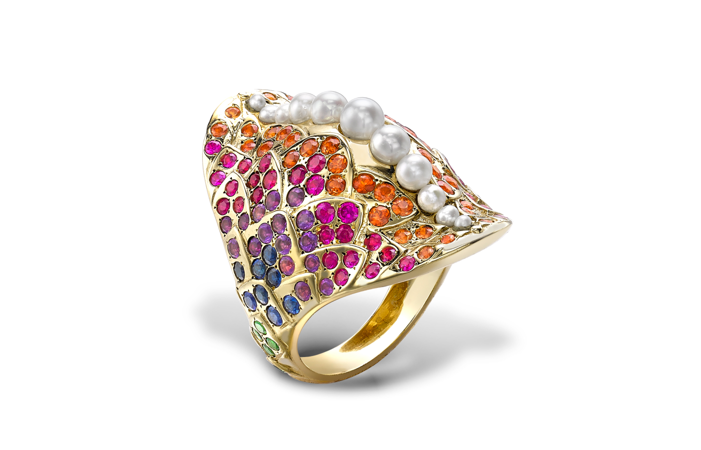  Venyx Una Rainbow Fish ring with sapphires, amethysts, tsavorites and Akoya Keshi pearls in 18k gold