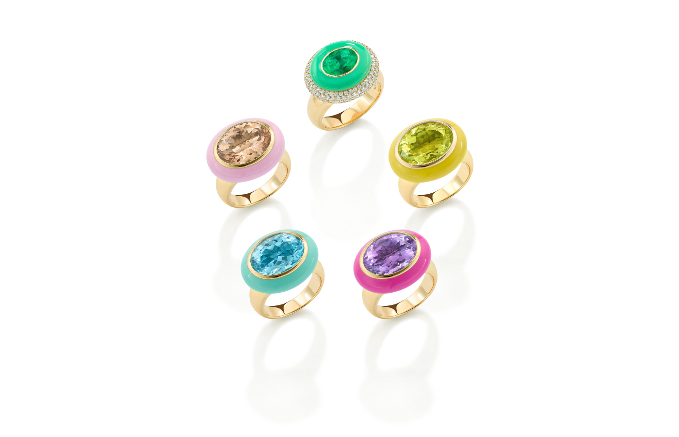  Robinson Pelham Arena rings with a 2.10 - carat Muzo emerald, diamonds, a 7.52 - carat beryl, a 7.46 - carat amethyst, a 9.17 - carat topaz, a 5.88 - carat morganite and enamel in 14k gold