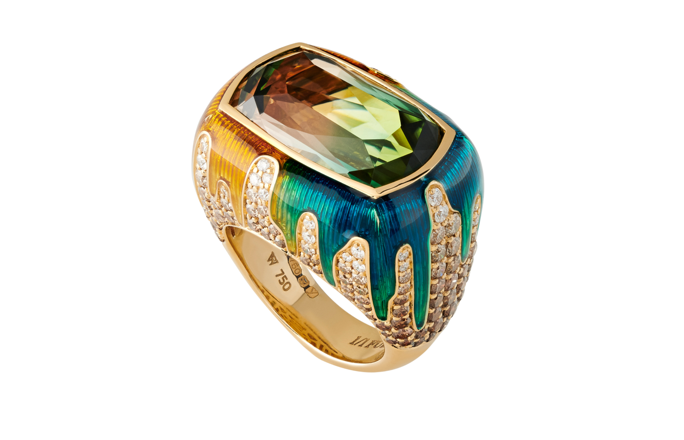 Stephen Webster Full Bleed ring with a 14.36 - carat bi-colour green to grey tourmaline, brown diamonds, white diamonds and enamel in 18k recycled gold