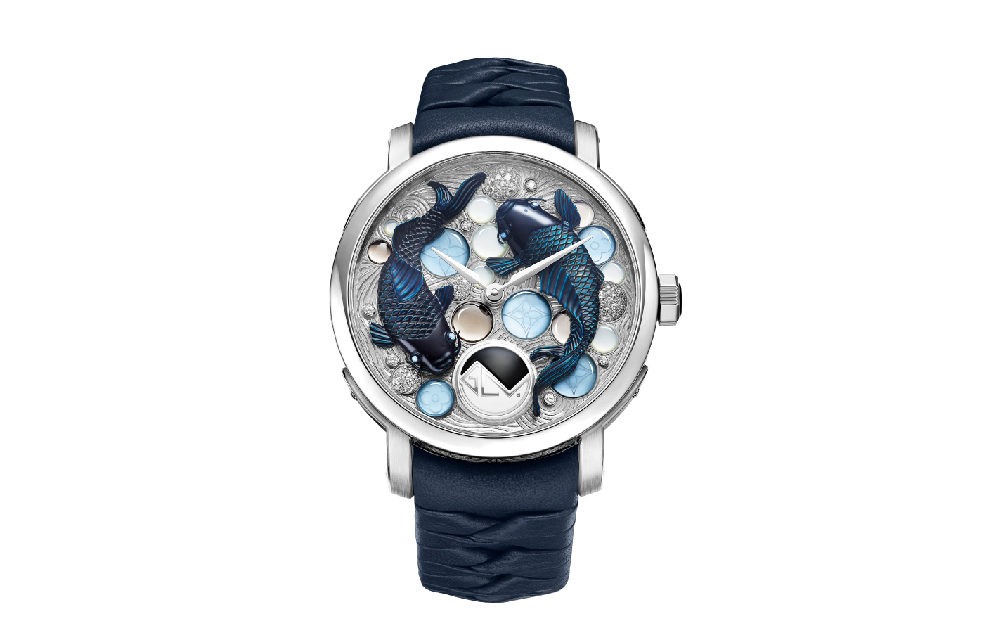  Louis Vuitton Escale Cabinet of Wonders Koï's Garden watch with mother-of-pearl, rock crystal, smoky quartz, onyx and diamonds in white gold