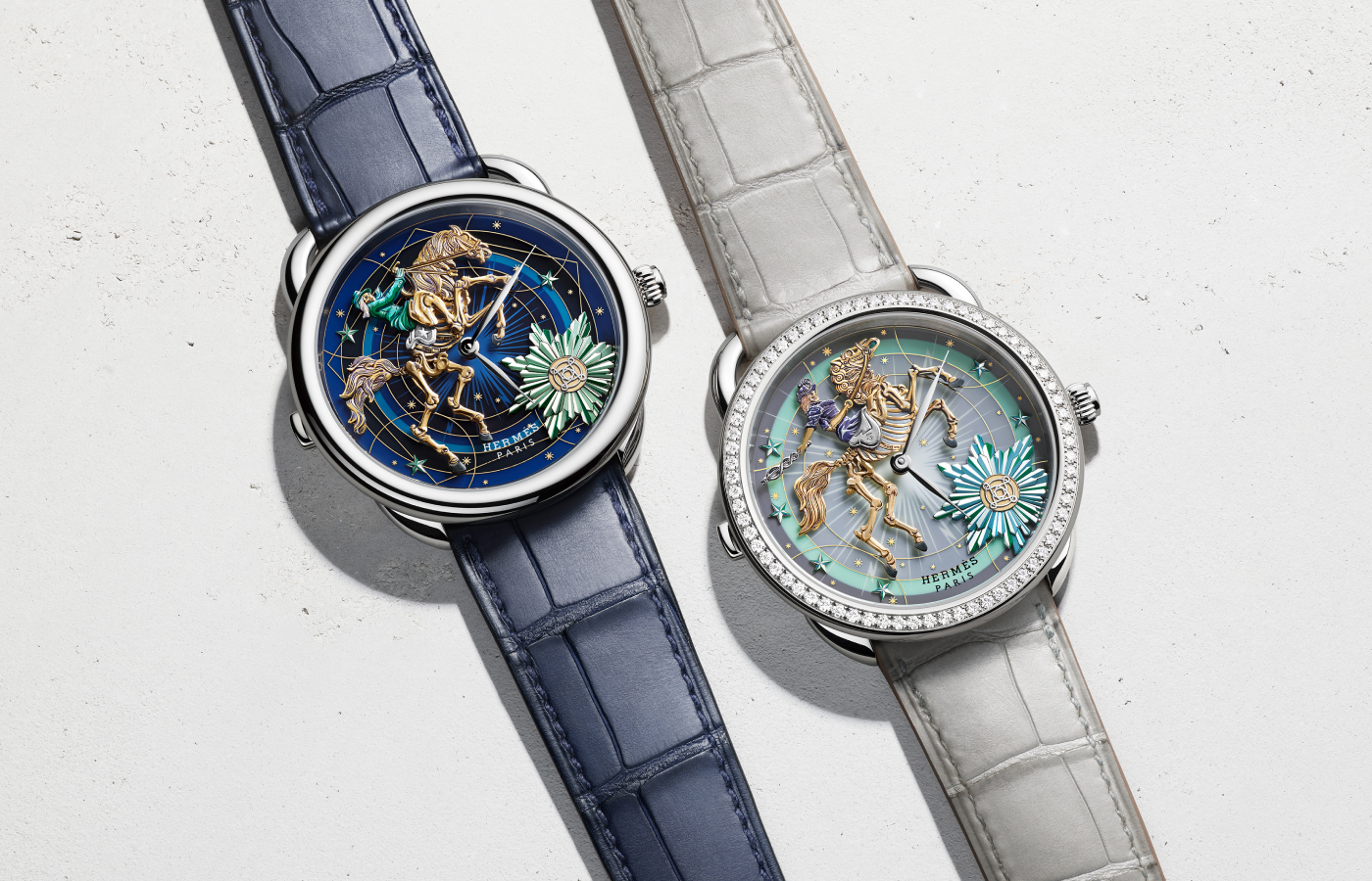 Hermès Arceau Chorus Stellarum watches with champlevé lacquer and diamonds in white gold