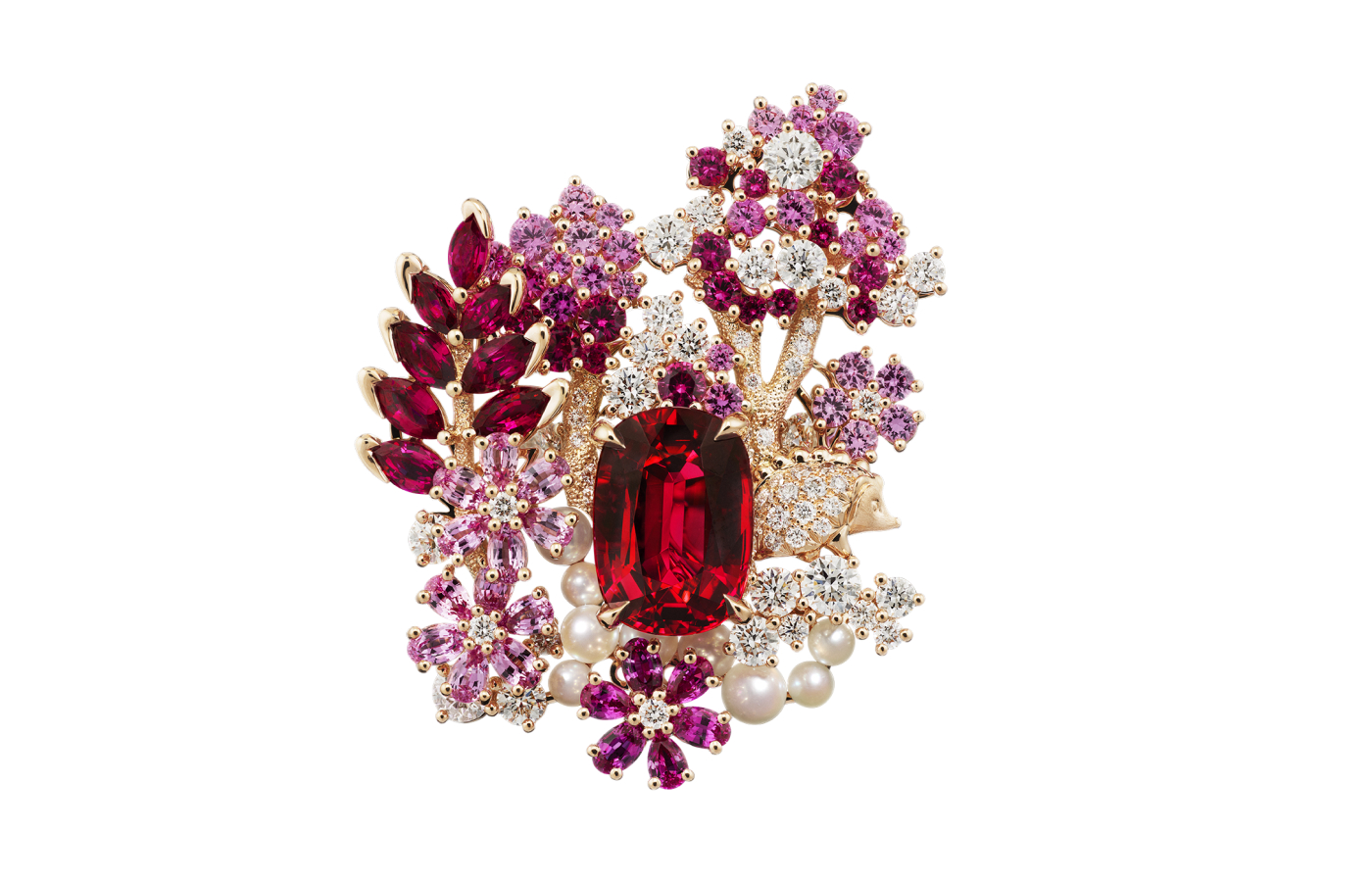  Dior Joaillerie Diorama & Diorigami ring with, red and pink rubies, pink sapphires, cultured pearls, diamonds and  lacquer in pink gold