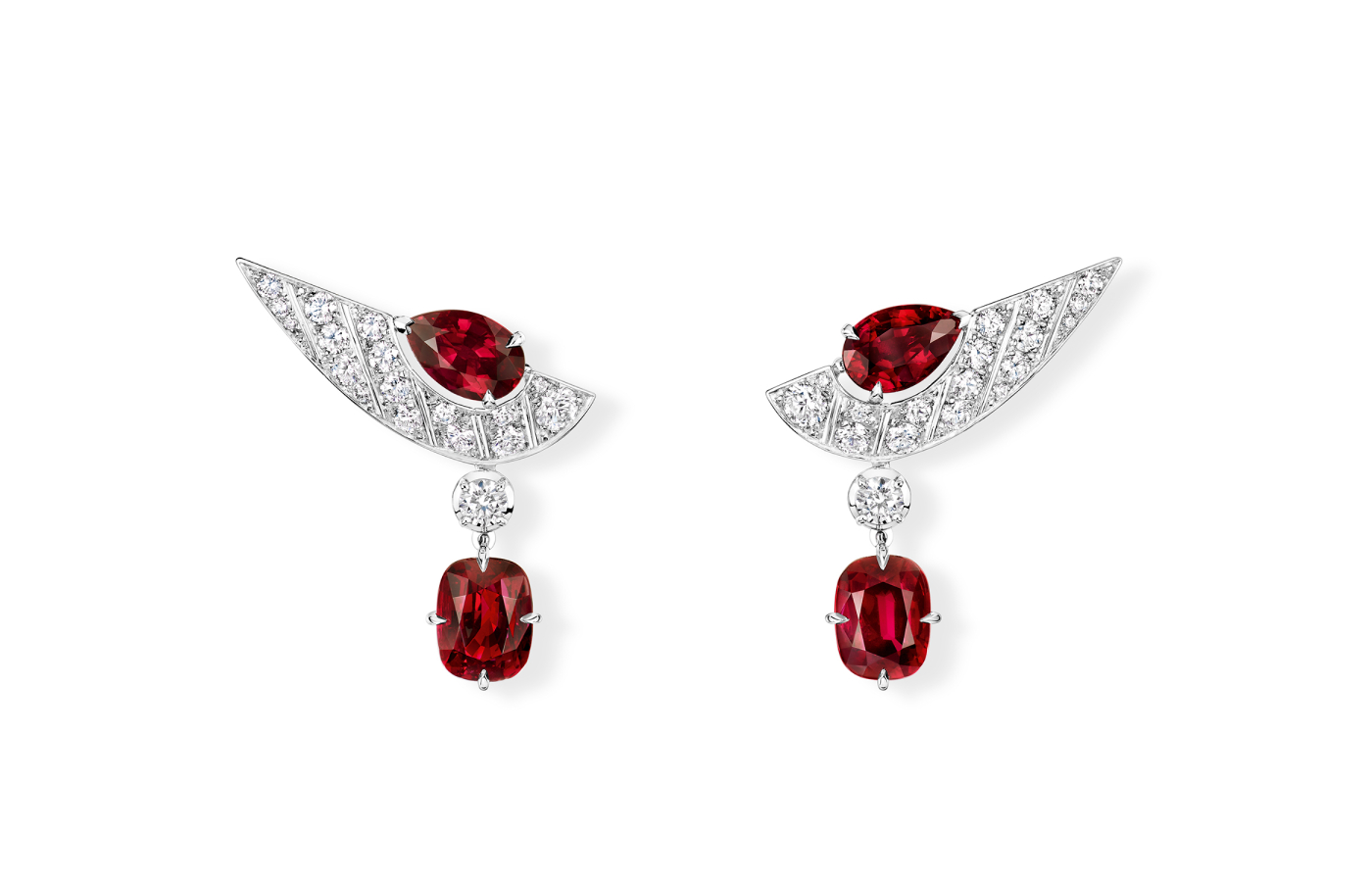  Chaumet Illusion earrings from the Chaumet en Scène high jewellery collection with  2 cushion-cut rubies weighing 3.27 and 2.99 - carats, 2 pear-shaped rubies  and diamonds in white gold 