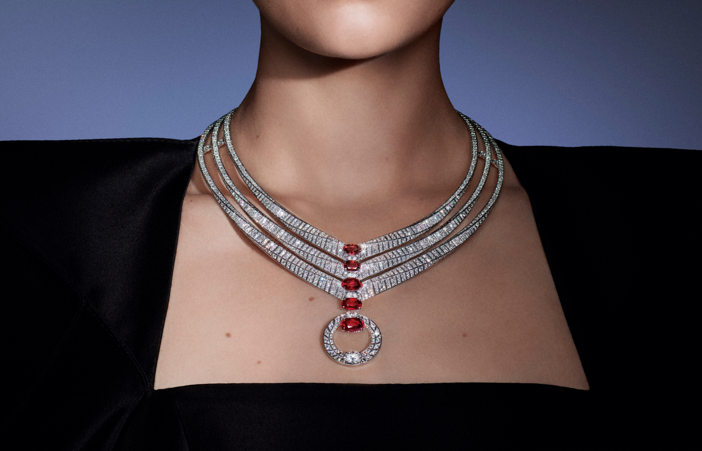 Chaumet Illusion necklace from the Chaumet en Scène high jewellery collection with 15.63 - carats of oval-cut rubies, half-moon rubies and oval-cut diamonds in white gold 
