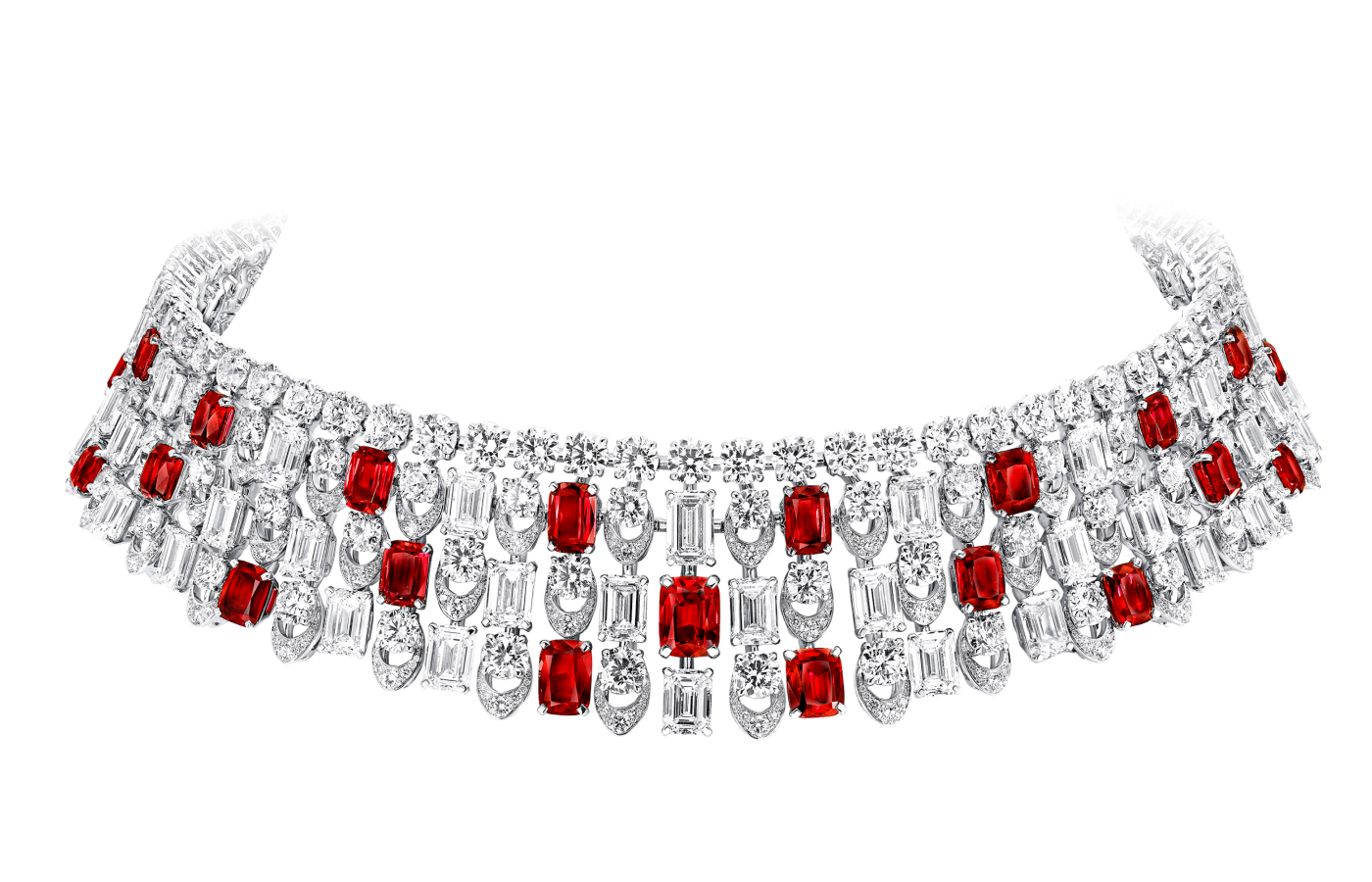 Graff high jewellery chocker with 32.46 - carats of cushion-cut rubies and 93.78 - carats of emerald-cut and round diamonds in white gold