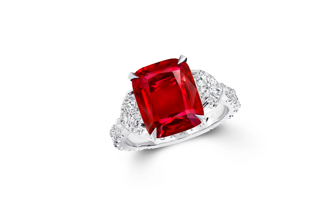  Graff high jewellery ring with 5.56 - carrat cushion-cut ruby and diamonds in white gold