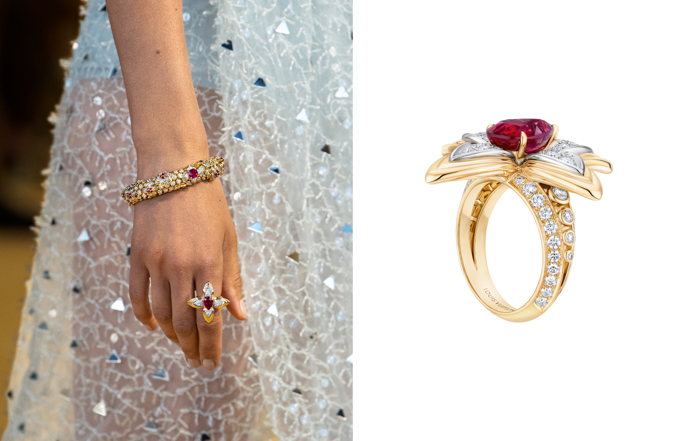 Model wearing Louis Vuitton Splendeur high jewellery ring and bracelet from the Awakened Hands, Awakened Minds collection with rubies and diamonds in platinum and gold