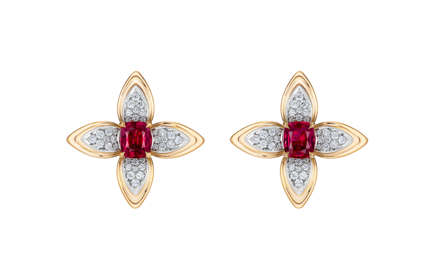  Louis Vuitton Splendeur high jewellery earrings from the Awakened Hands, Awakened Minds collection with rubies weighing 1.77 and  1.22 - carats and diamonds in platinum and gold