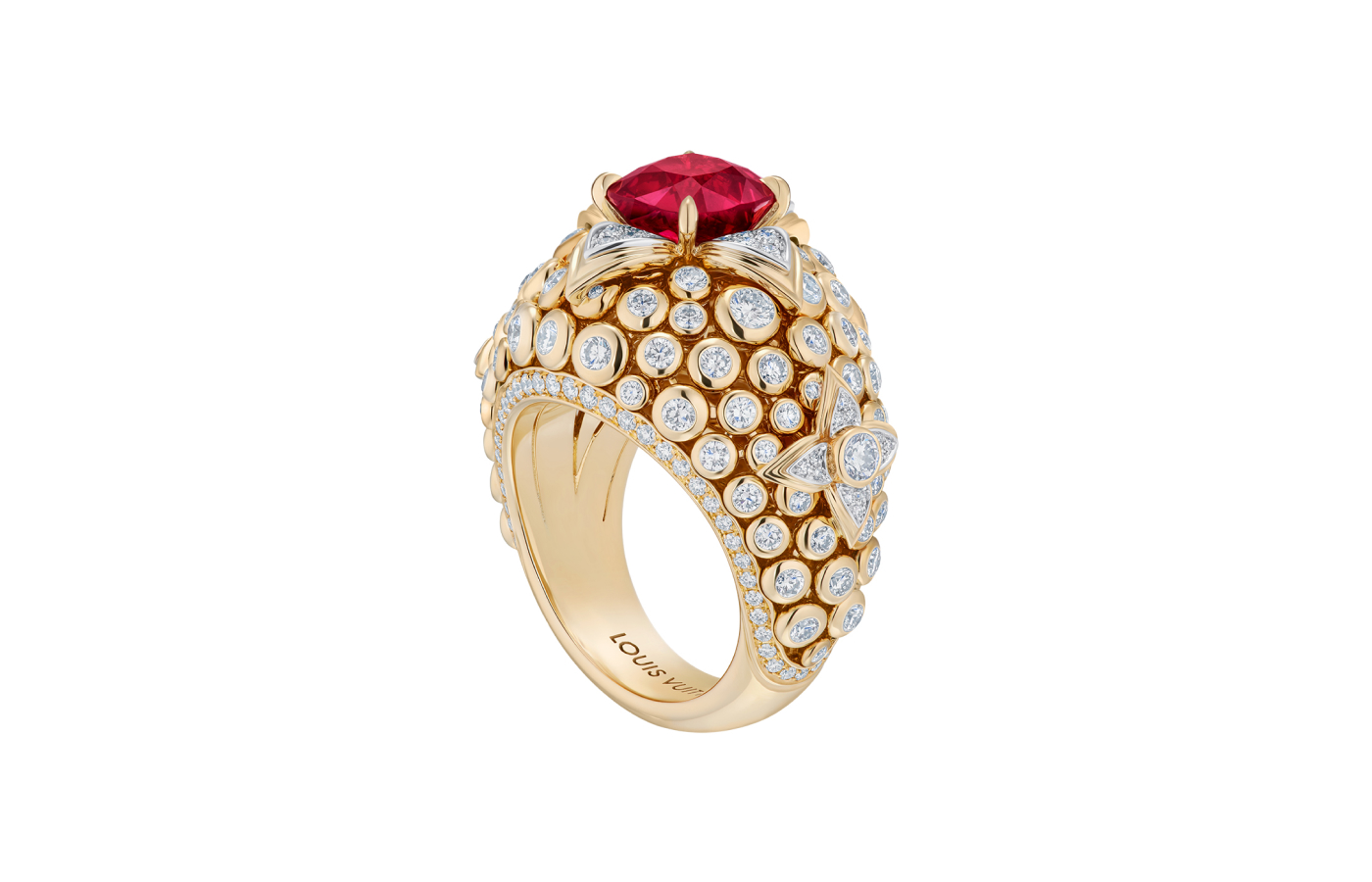  Louis Vuitton Splendeur high jewellery ring from the Awakened Hands, Awakened Minds collection with a 3.13 - carat ruby and diamonds in platinum and gold