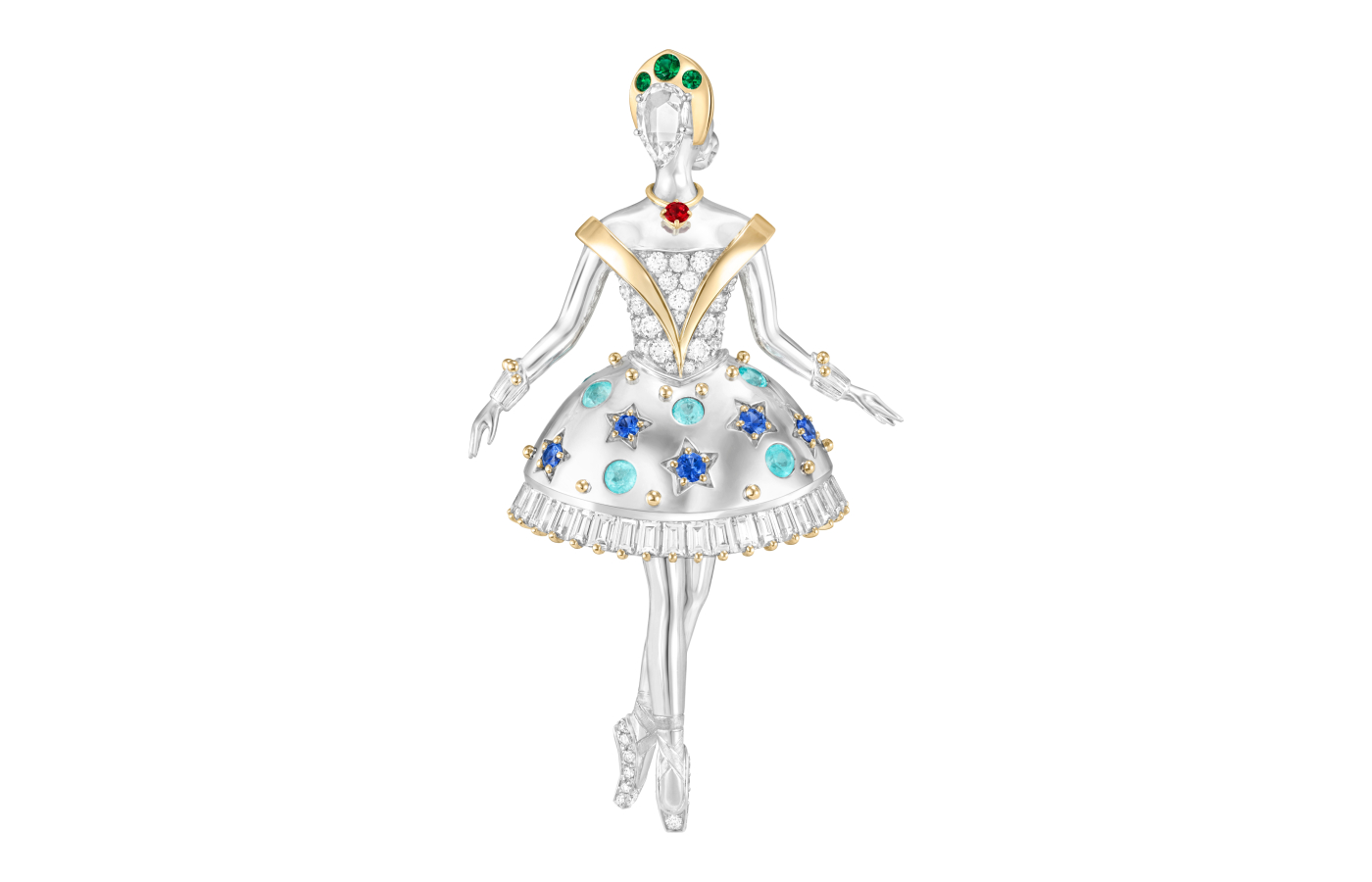  Van Cleef & Arpels Maria ballerina clip with emeralds, ruby, blue tourmalines, sapphires and diamonds in gold and white gold