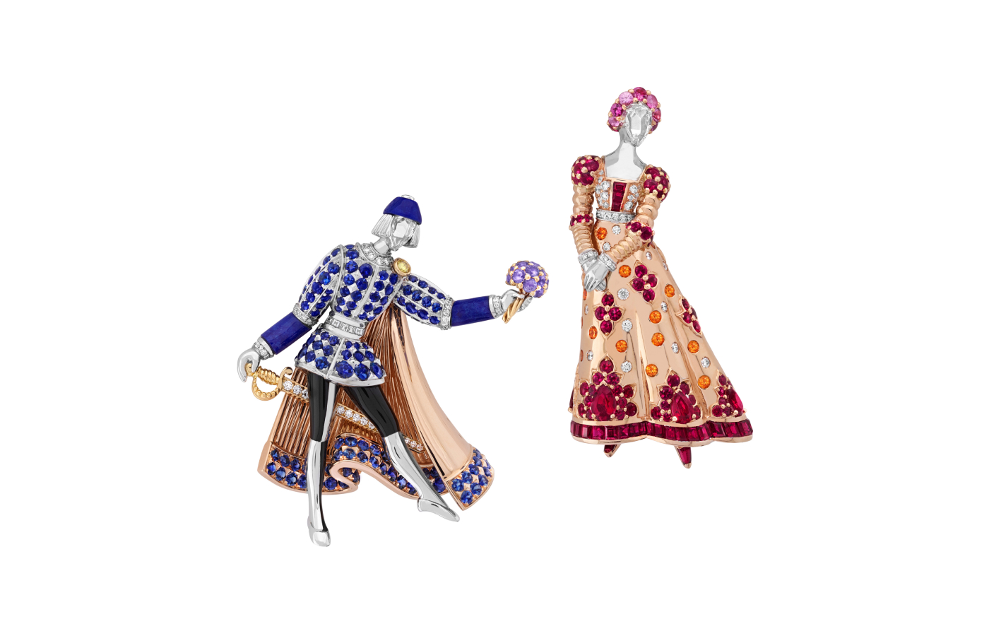 Van Cleef & Arpels Romeo & Juliet clips with black lacquer, rubies, coloured sapphires, spessartite garnets, Lapis Lazuli, white and yellow diamonds in gold, white gold and rose gold