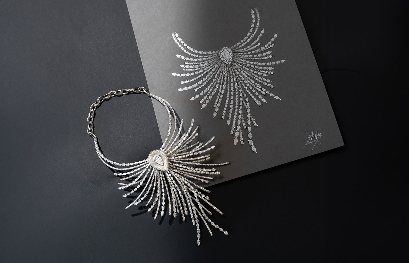 Gismondi 1754 Creative Director Massimo Gismondi was inspired by the mythical phoenix and its cycle of death and rebirth when designing the Couture Design Award-winning La Fenice necklace, set with 100 carats of pear- and round brilliant-cut diamonds 