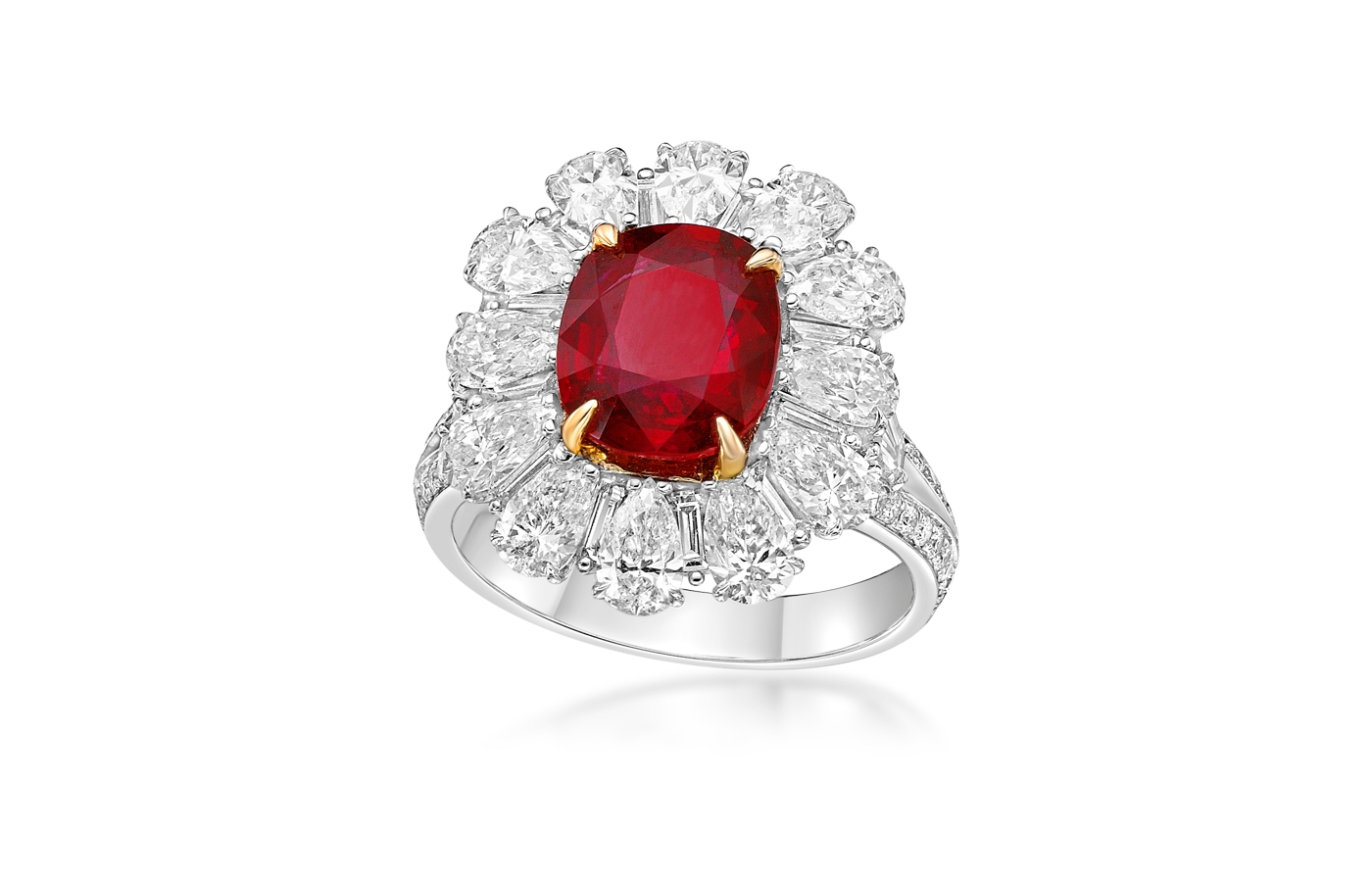  Gilin ring with a 3.01 carat vivid red unheated ruby from Mozambique, surrounded by 3.71 carats of diamonds in 18k white gold  