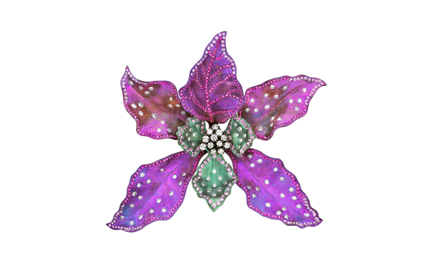 Gilin floral brooch with brilliant- and single-cut diamonds totalling 2.76 carats, 5.19 carats of circular-cut pink sapphires, and tsavorites, mounted in titanium and 18k white and yellow gold