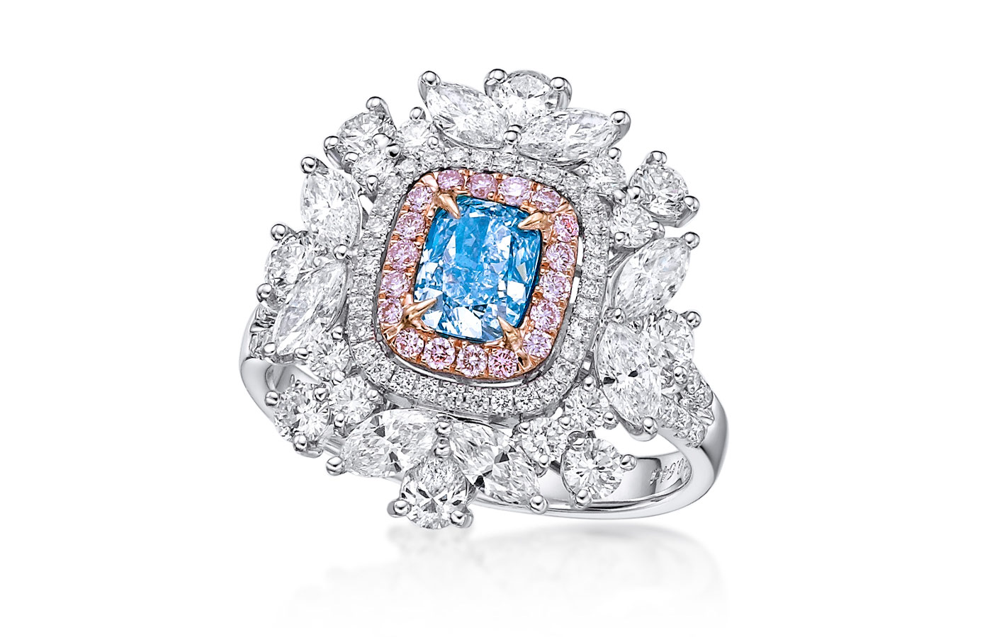  Gilin ring with a 0.64 carat light blue diamond, surrounded by further pink and colourless diamonds totalling 1.77 carats, set in 18k white gold 