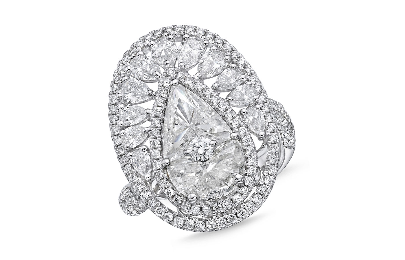  Gilin ring with two diamonds – a pear-shaped stone set with a round brilliant-cut – totalling 2.17 carats, 11 pear-shaped diamonds of 1.06 carats, and 143 diamonds totalling one carat, all in 18k white gold 